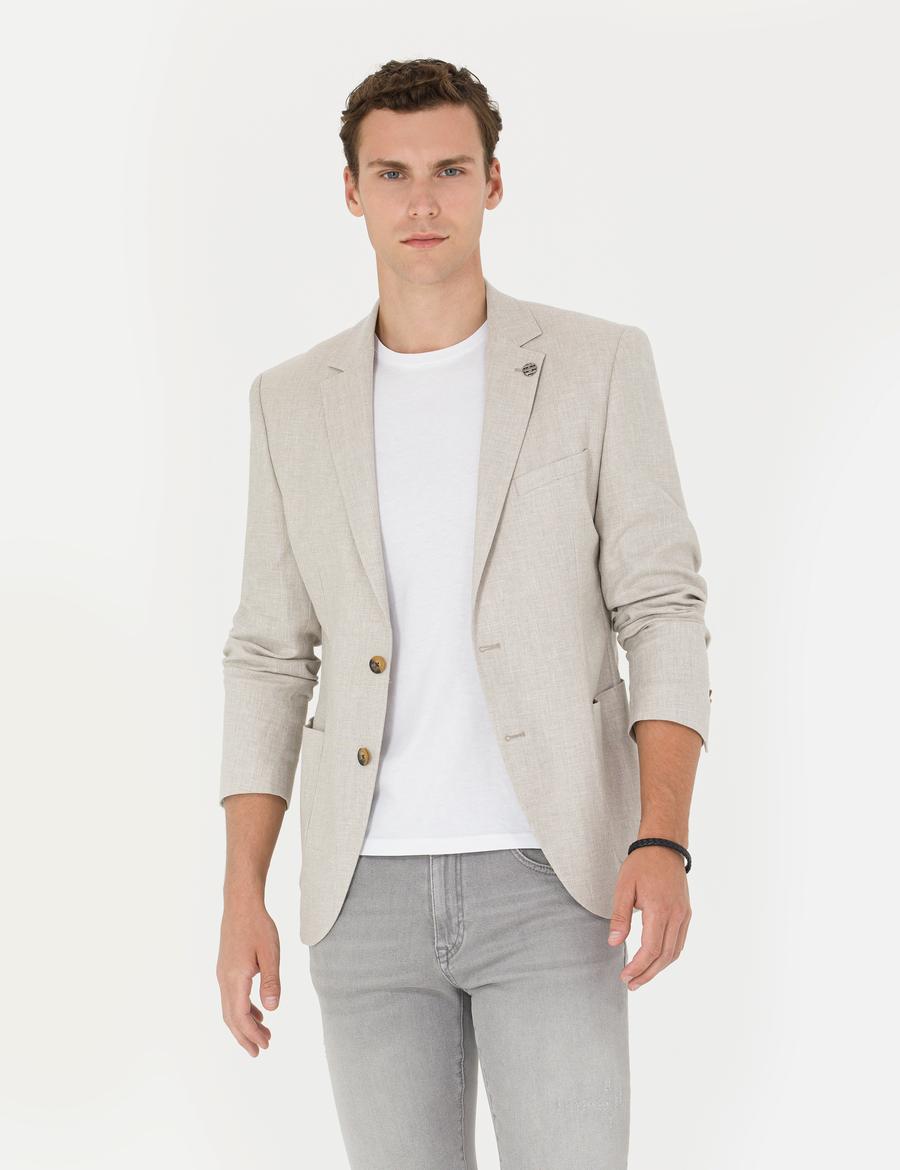 Bej Ex. Slim Fit Keten Karışımlı Blazer Ceket