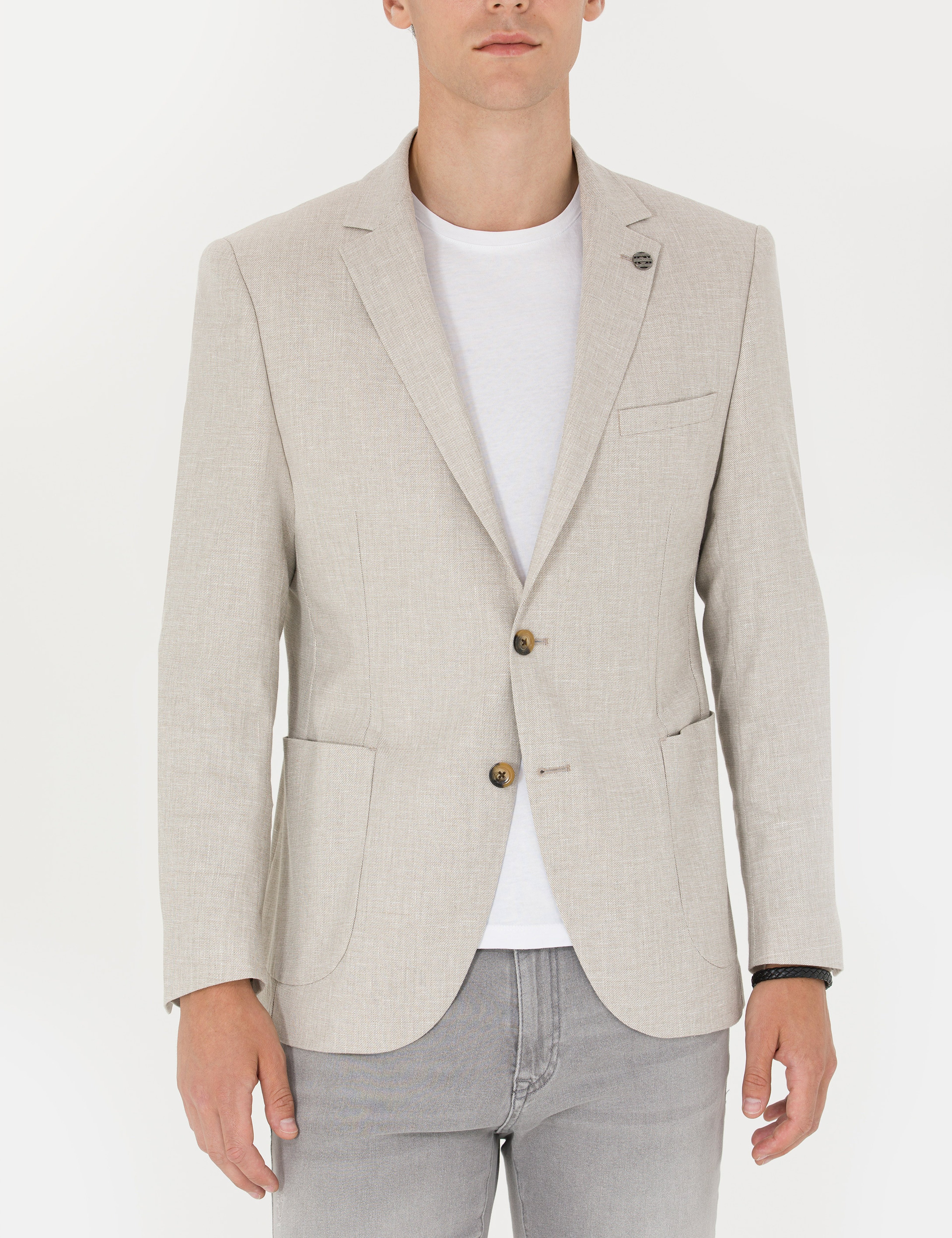 Bej Ex. Slim Fit Keten Karışımlı Blazer Ceket - Image 6