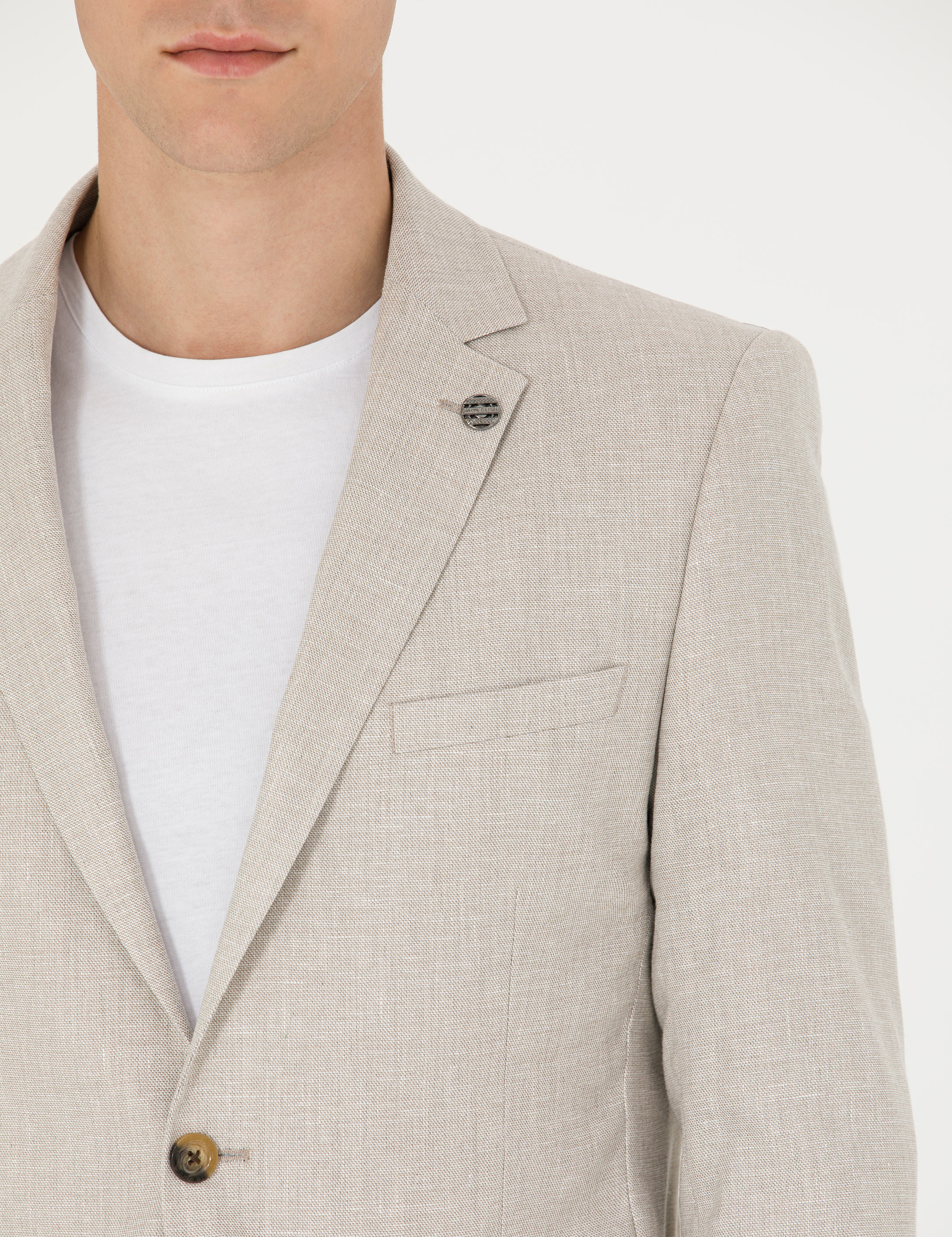 Bej Ex. Slim Fit Keten Karışımlı Blazer Ceket