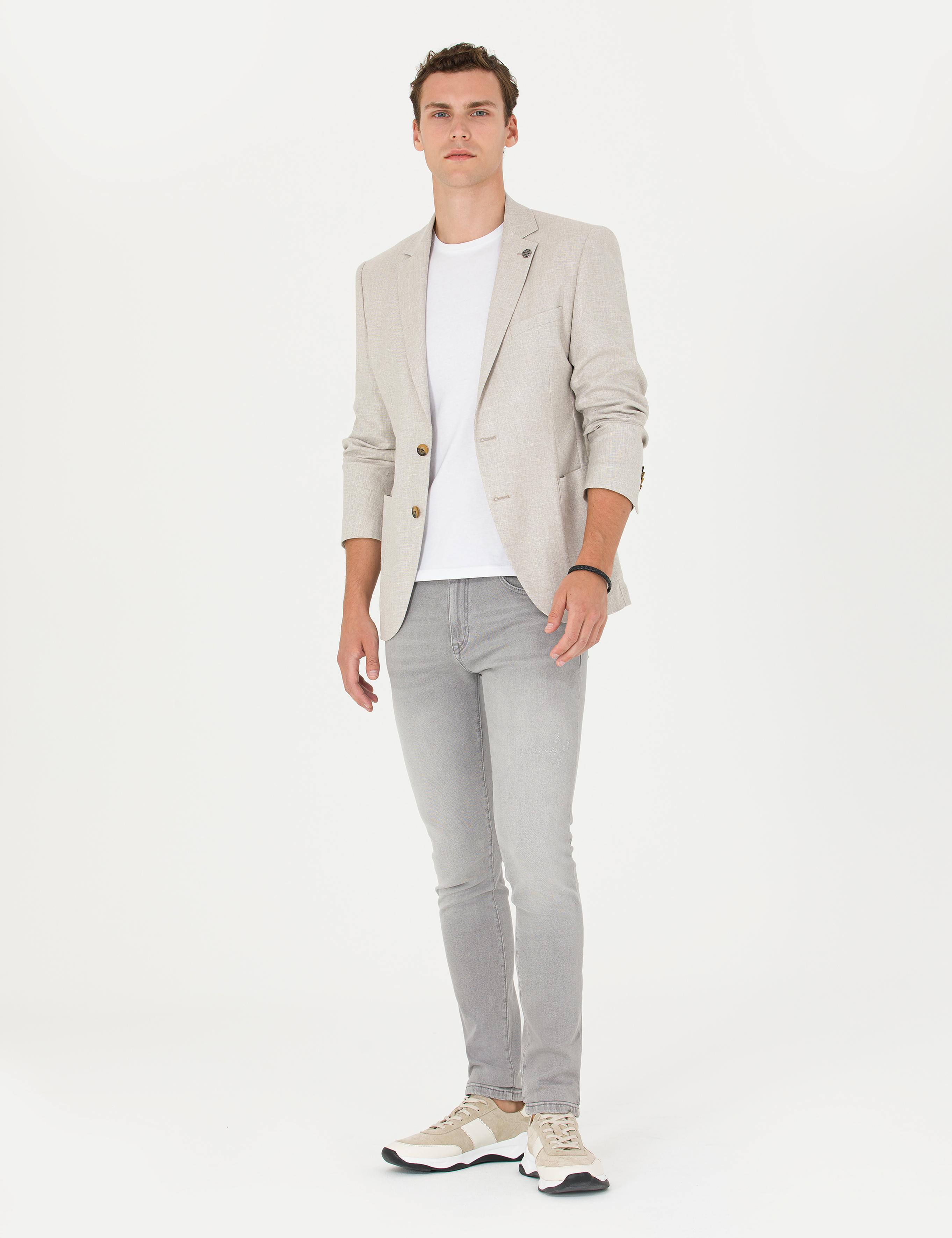 Bej Ex. Slim Fit Keten Karışımlı Blazer Ceket