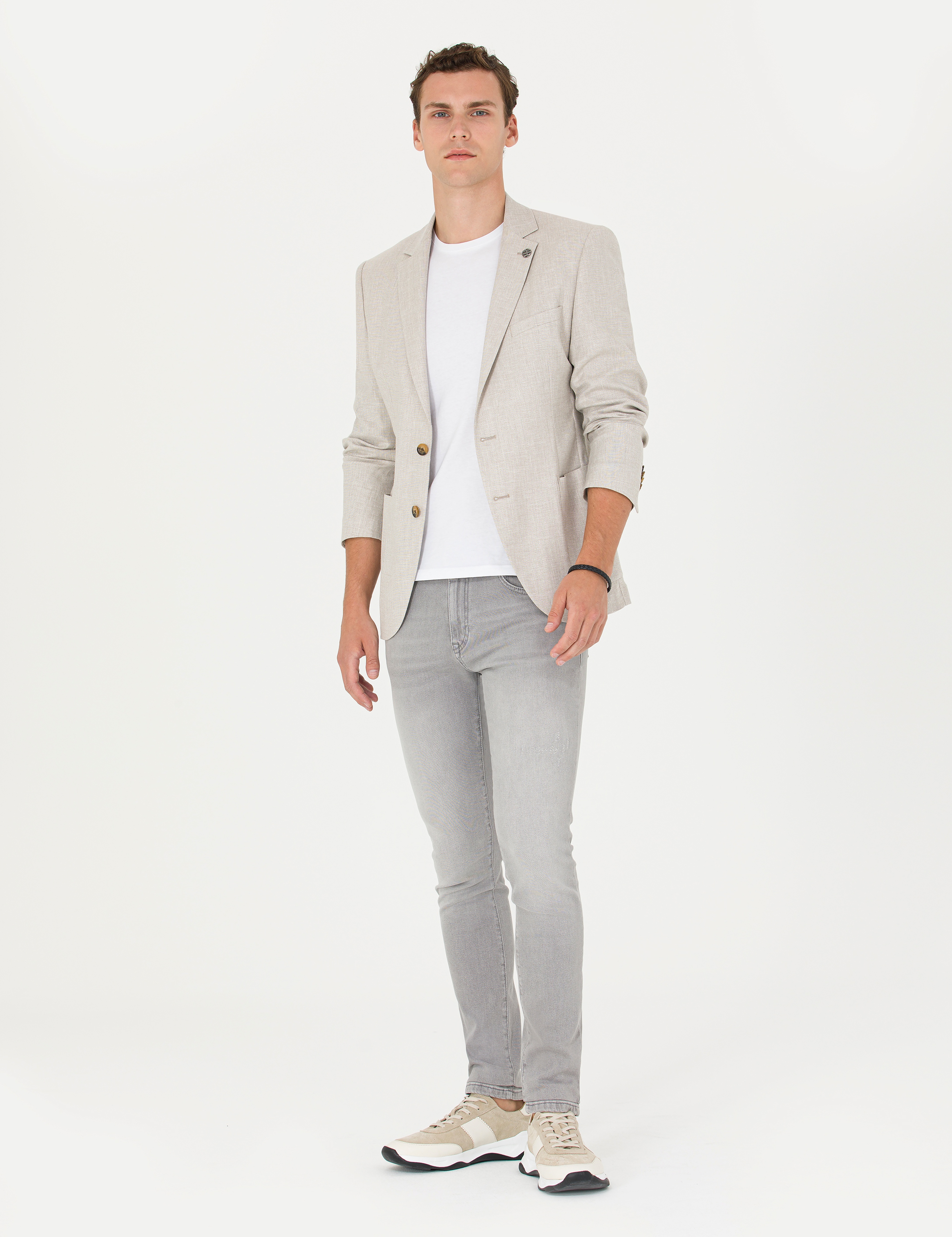 Bej Ex. Slim Fit Keten Karışımlı Blazer Ceket - Image 4