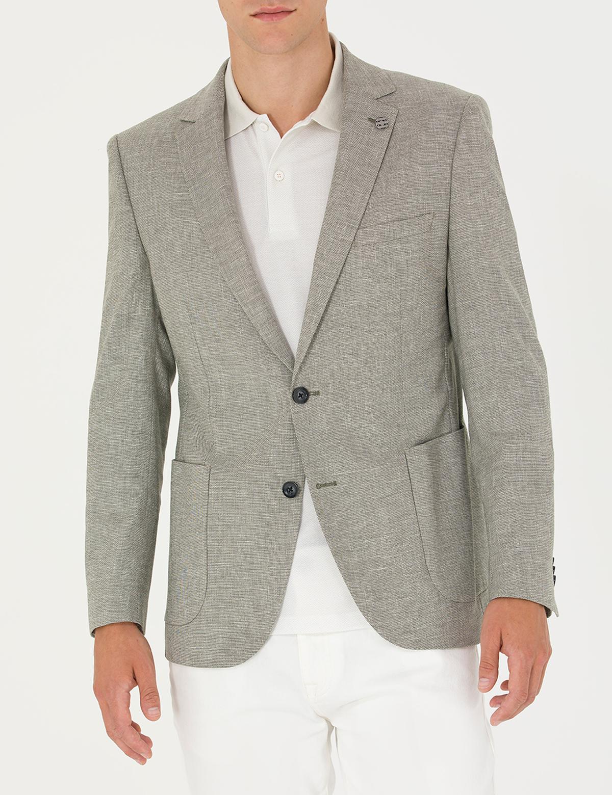 Haki Ex. Slim Fit Keten Karışımlı Blazer Ceket - 50277356044