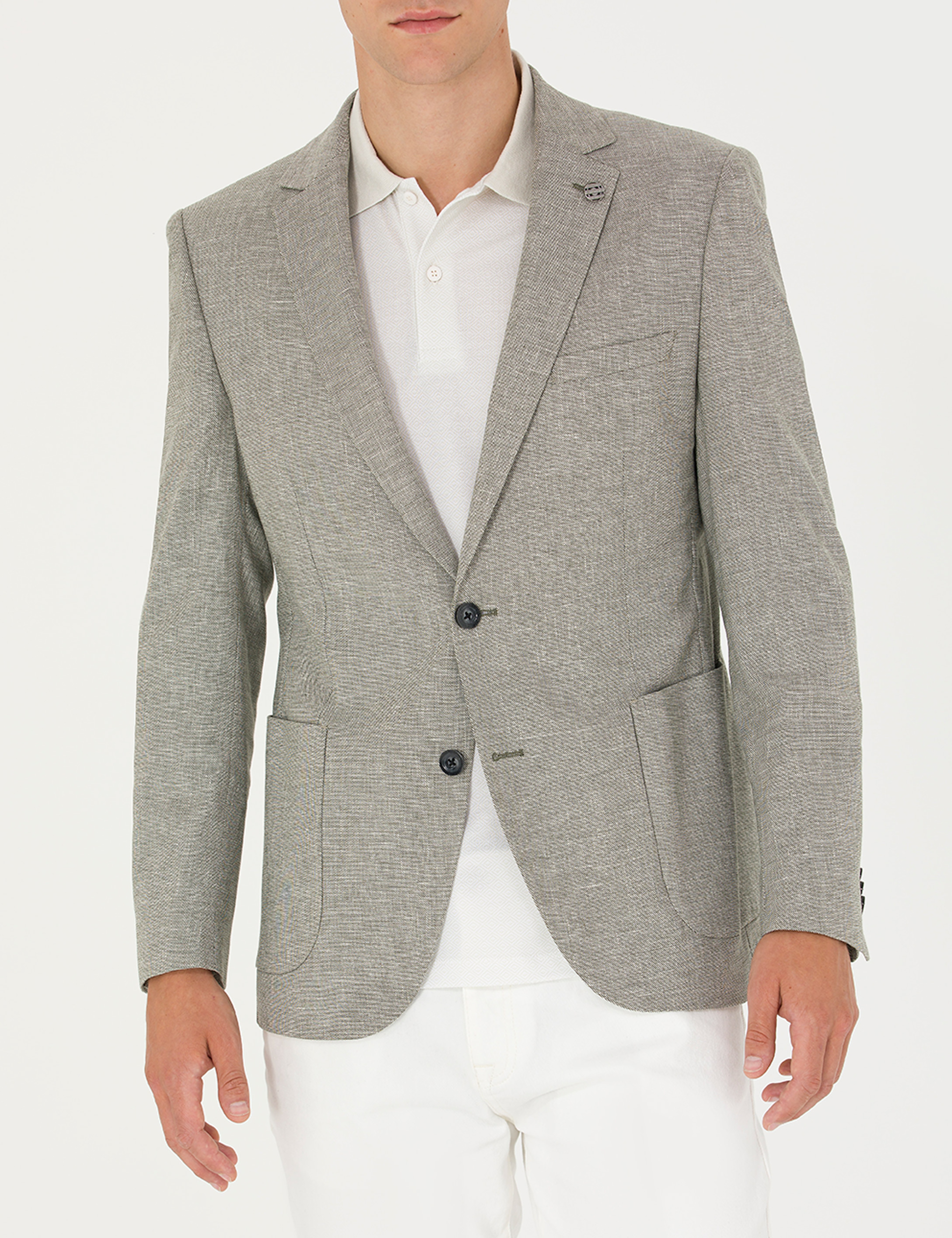 Haki Ex. Slim Fit Keten Karışımlı Blazer Ceket