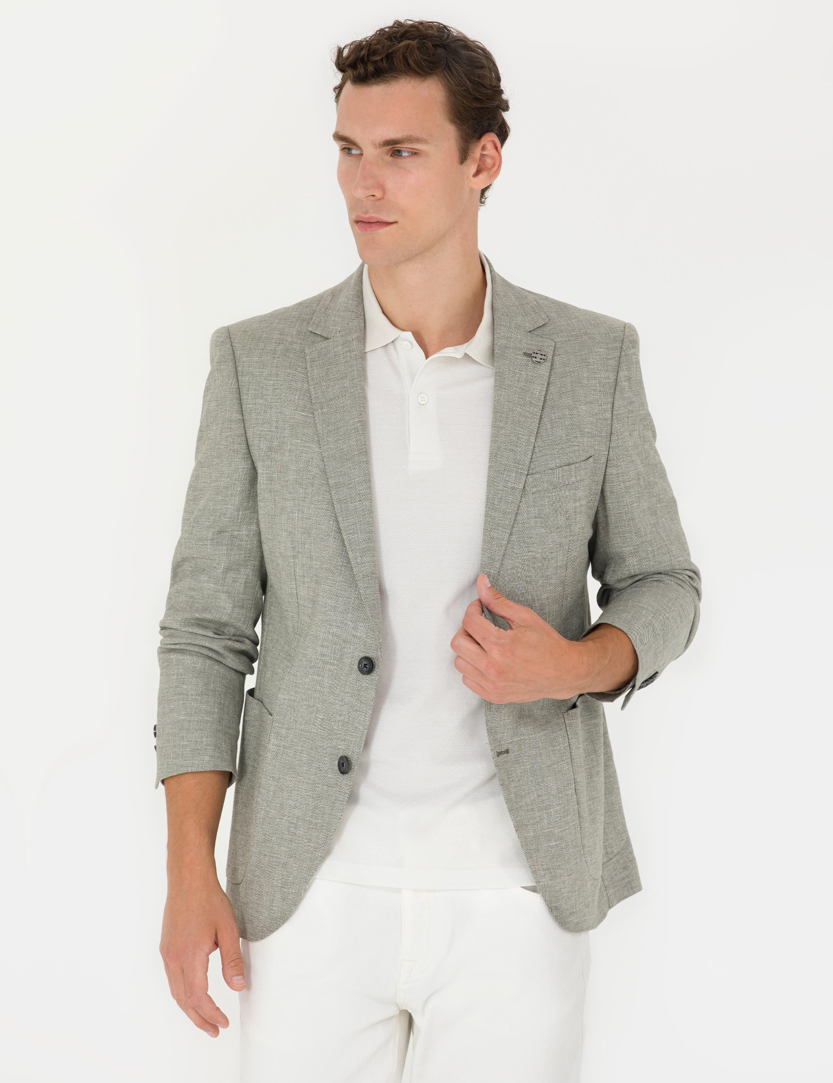 Haki Ex. Slim Fit Keten Karışımlı Blazer Ceket