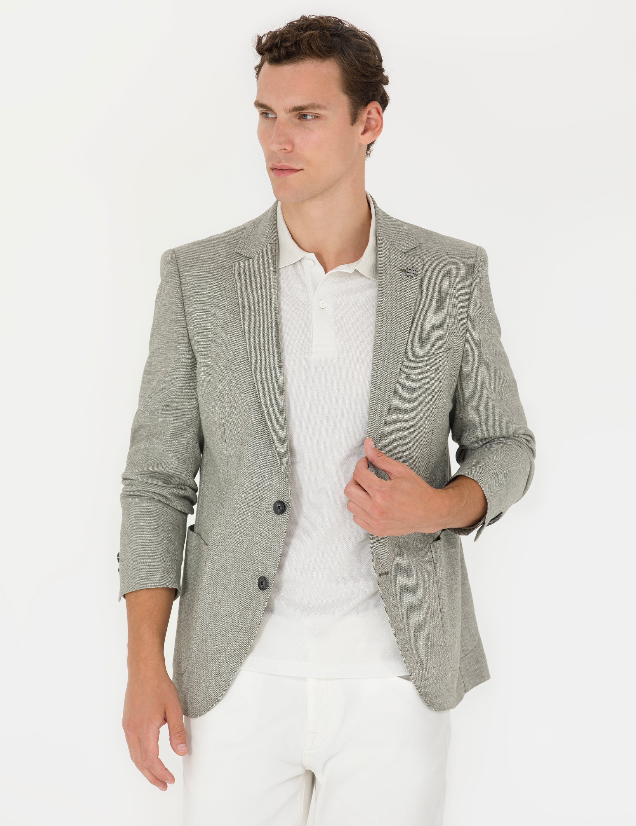 Haki Ex. Slim Fit Keten Karışımlı Blazer Ceket