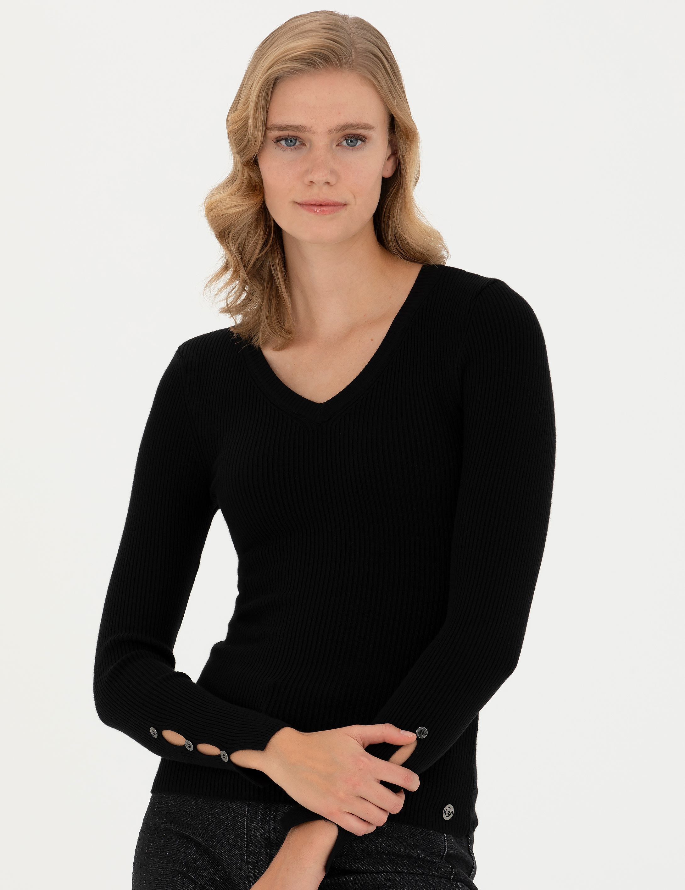 Siyah Ex Slim Fit V Yaka Kazak - Image 3