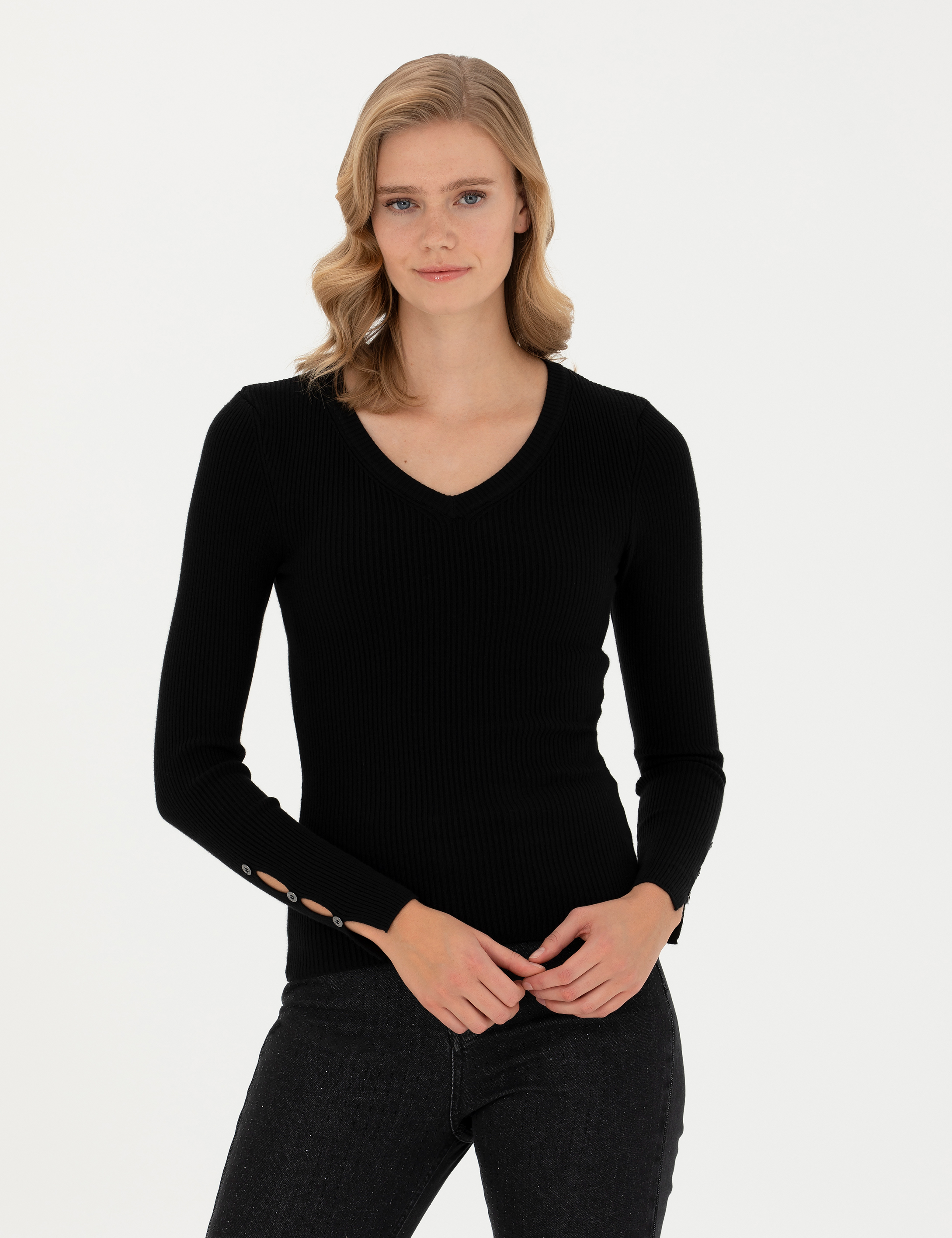 Siyah Ex Slim Fit V Yaka Kazak - Image 1