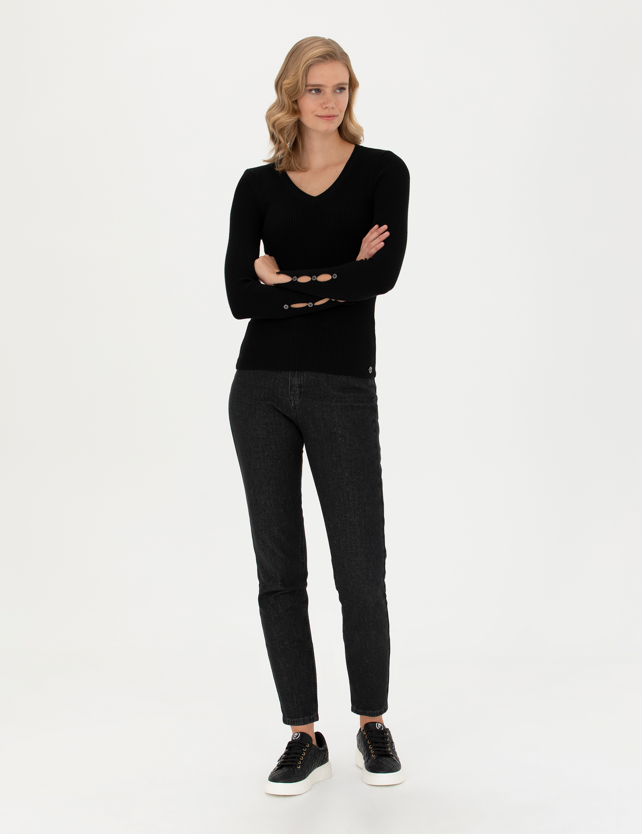 Siyah Ex Slim Fit V Yaka Kazak - Image 4