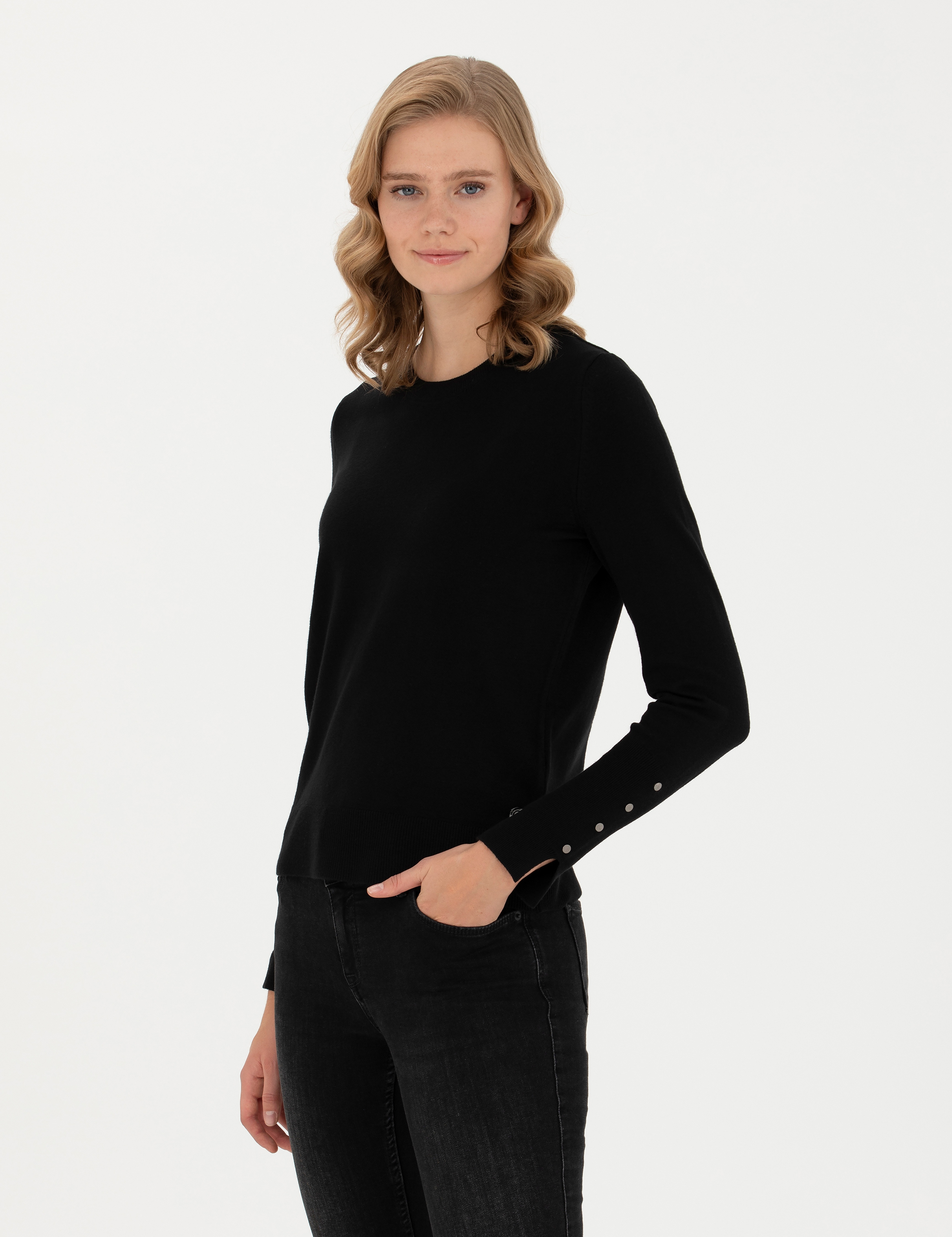 Siyah Slim Fit Bisiklet Yaka Kazak - Image 1