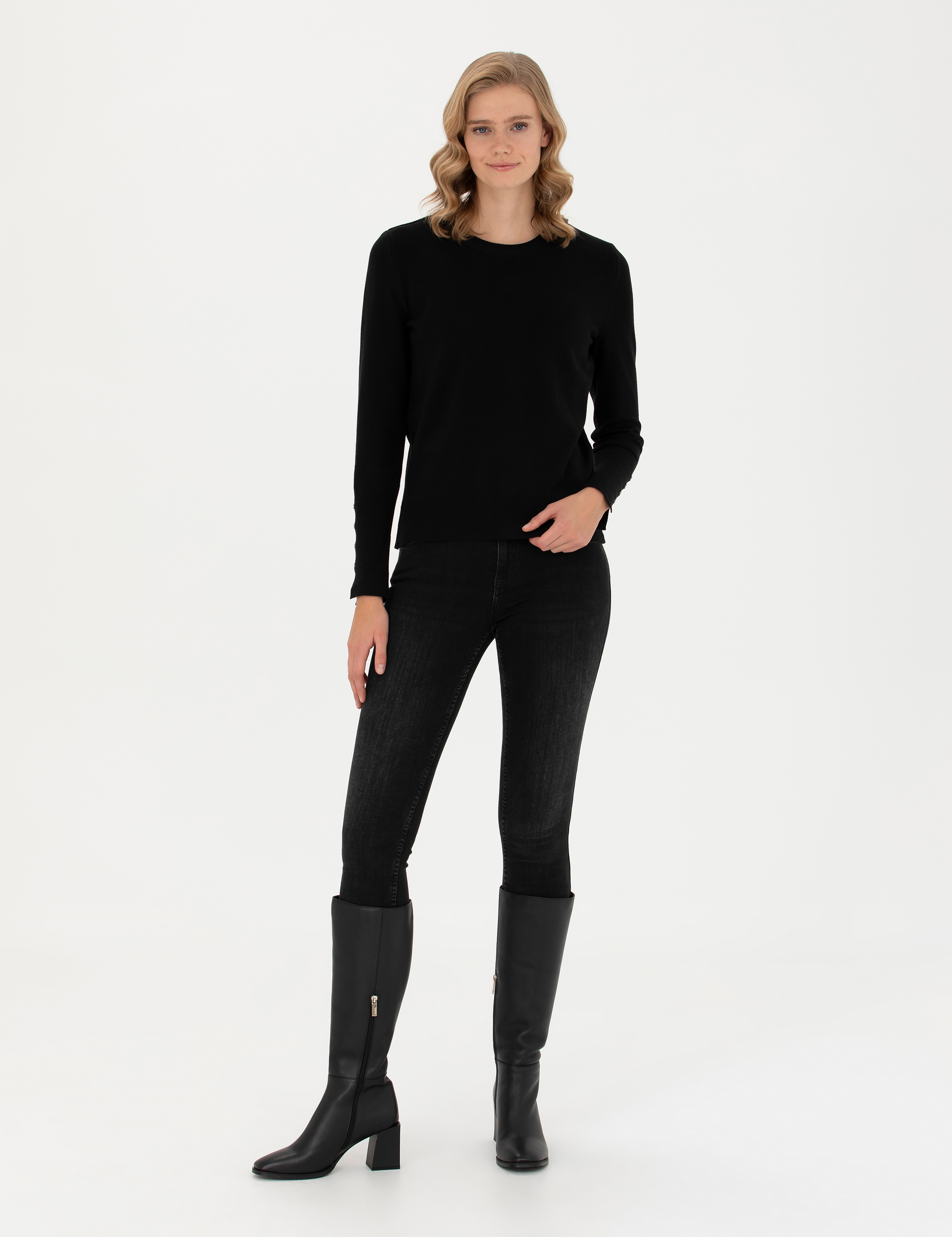 Siyah Slim Fit Bisiklet Yaka Kazak
