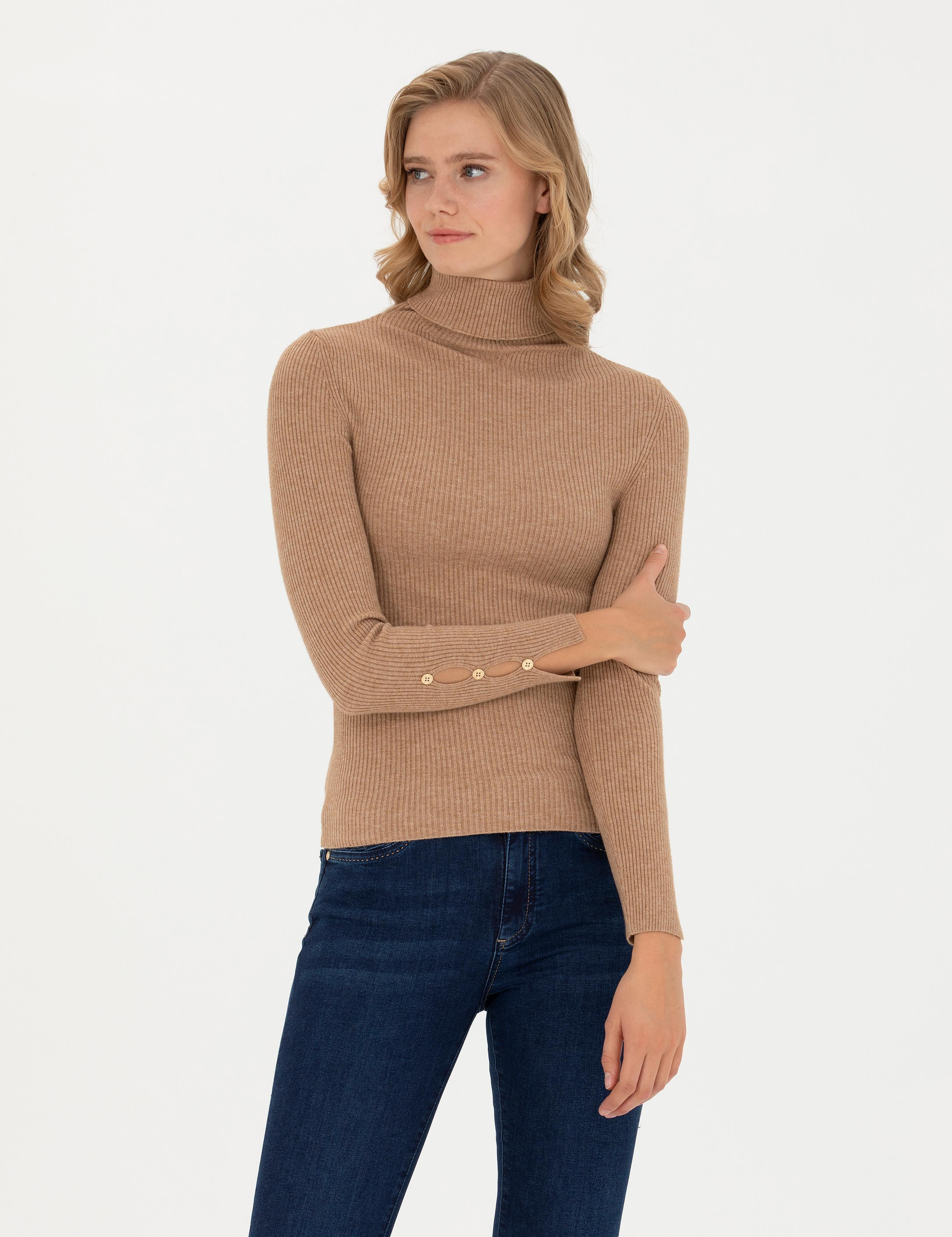 Bej Ex. Slim Fit Balıkçı Yaka Kazak