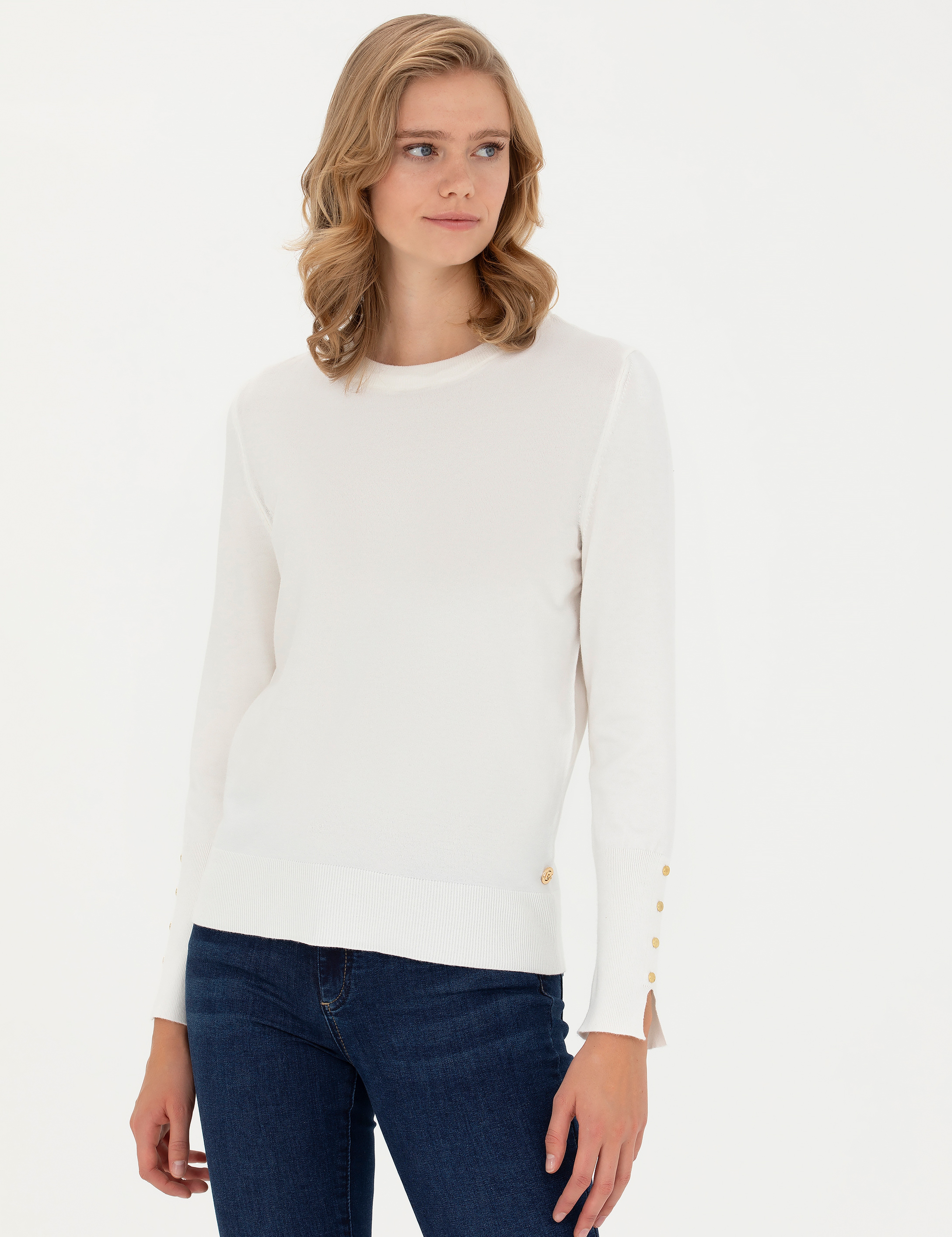 Ekru Slim Fit Bisiklet Yaka Kazak - Image 3