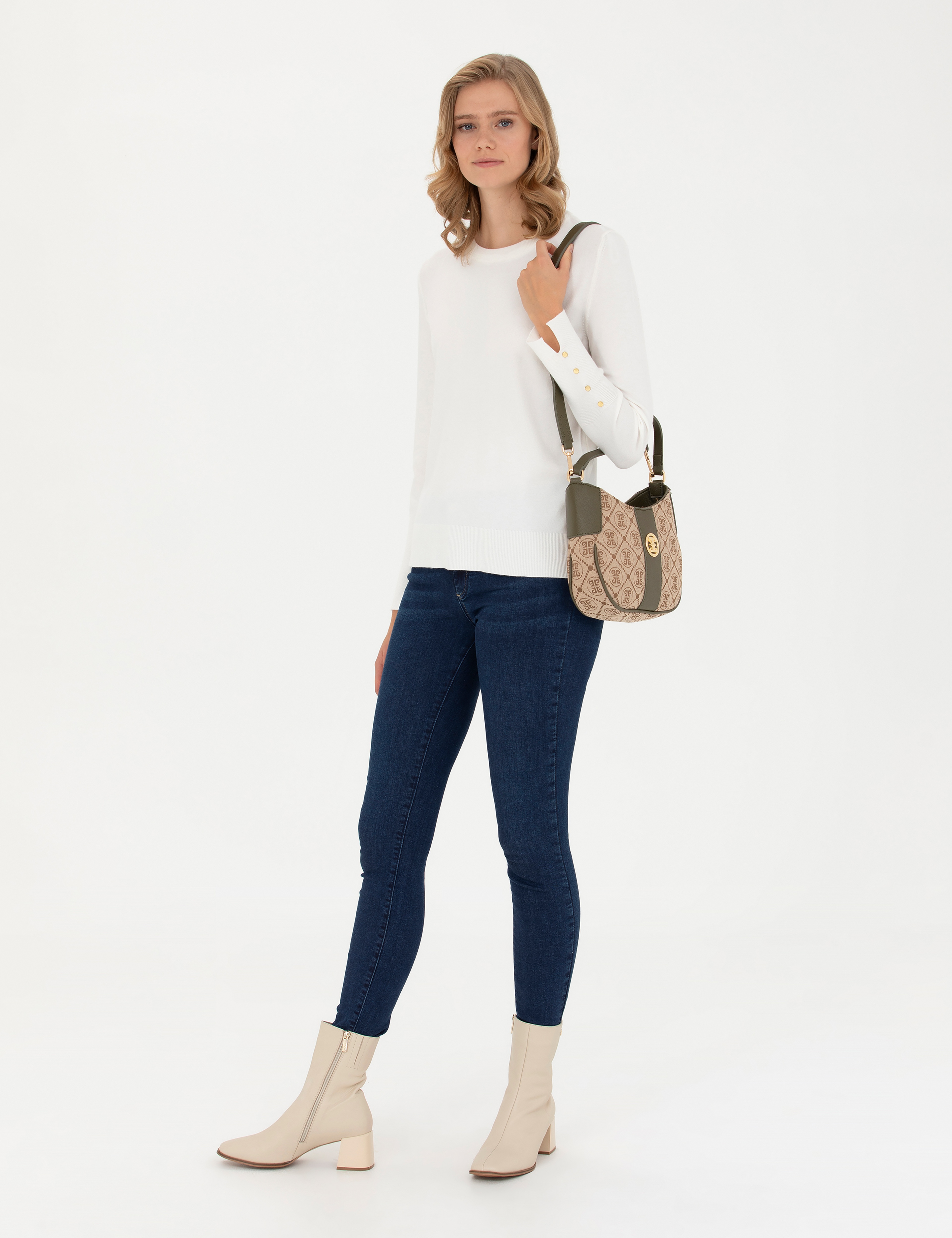 Ekru Slim Fit Bisiklet Yaka Kazak - Image 4