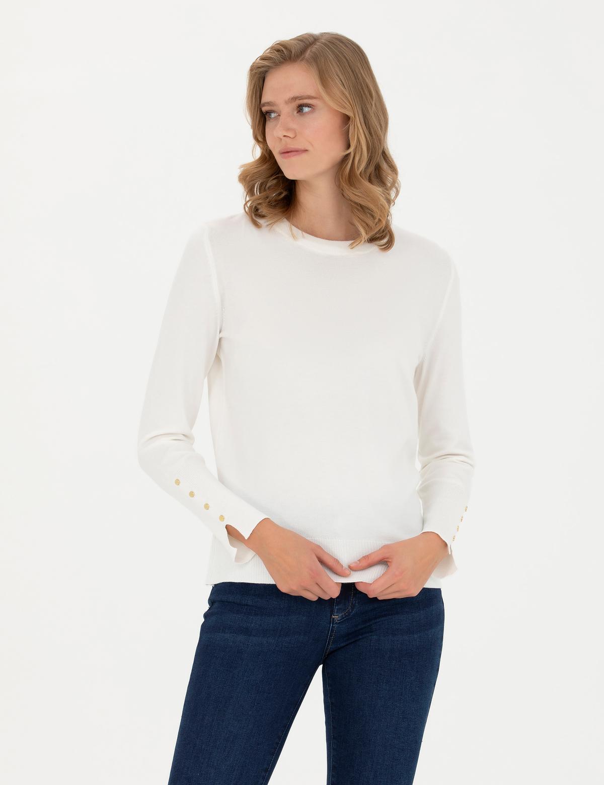 Ekru Slim Fit Bisiklet Yaka Kazak