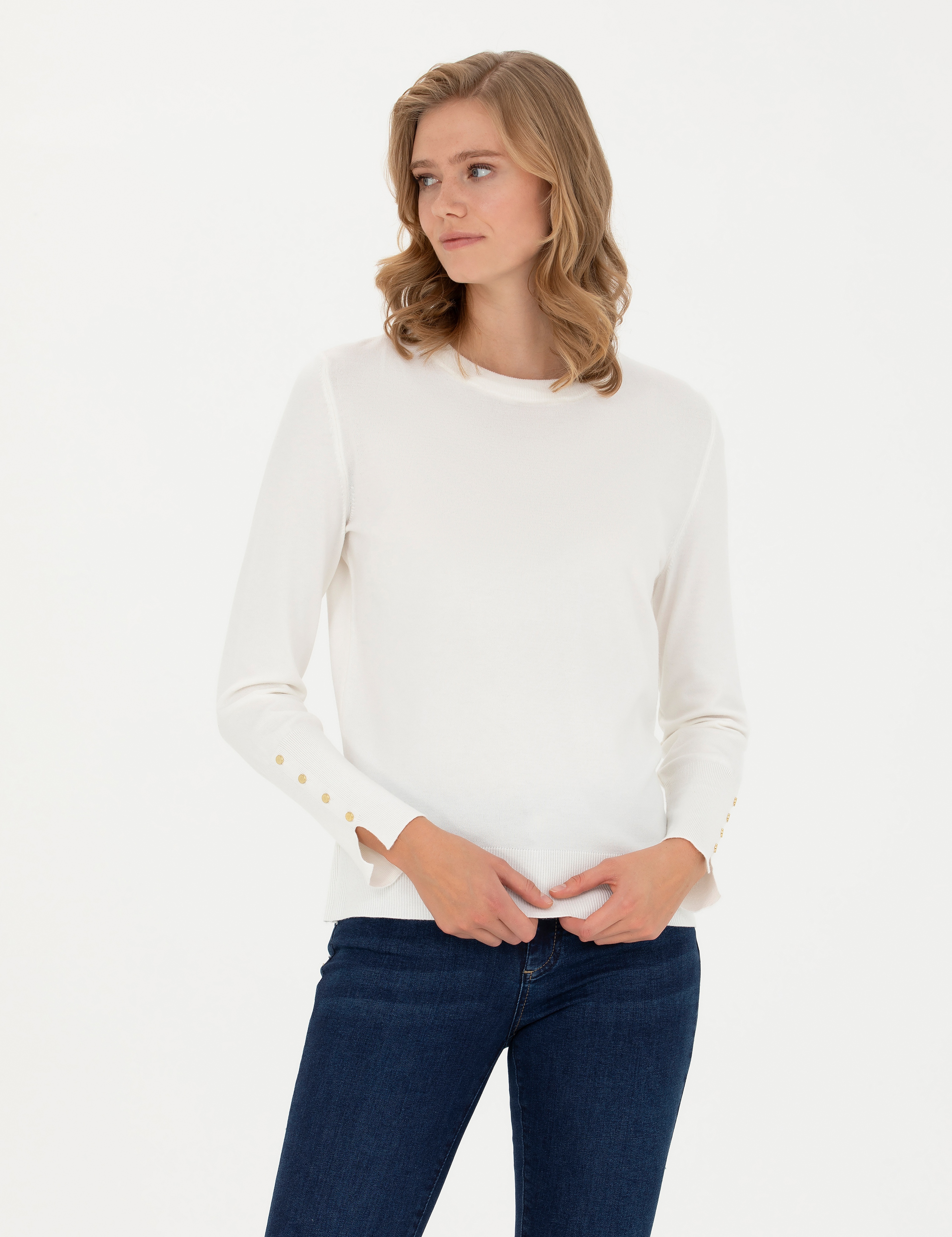 Ekru Slim Fit Bisiklet Yaka Kazak - Image 1