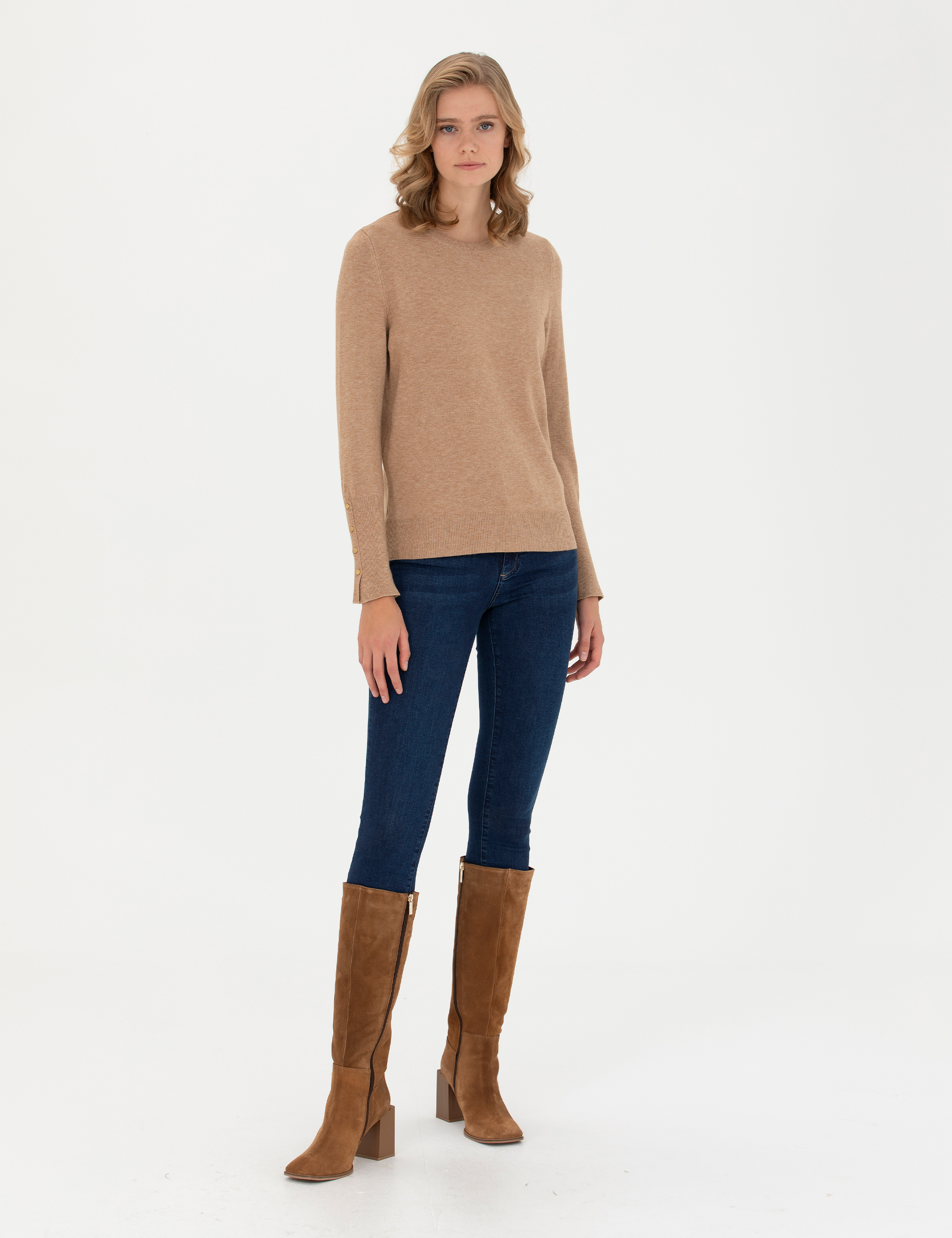 Bej Slim Fit Bisiklet Yaka Kazak