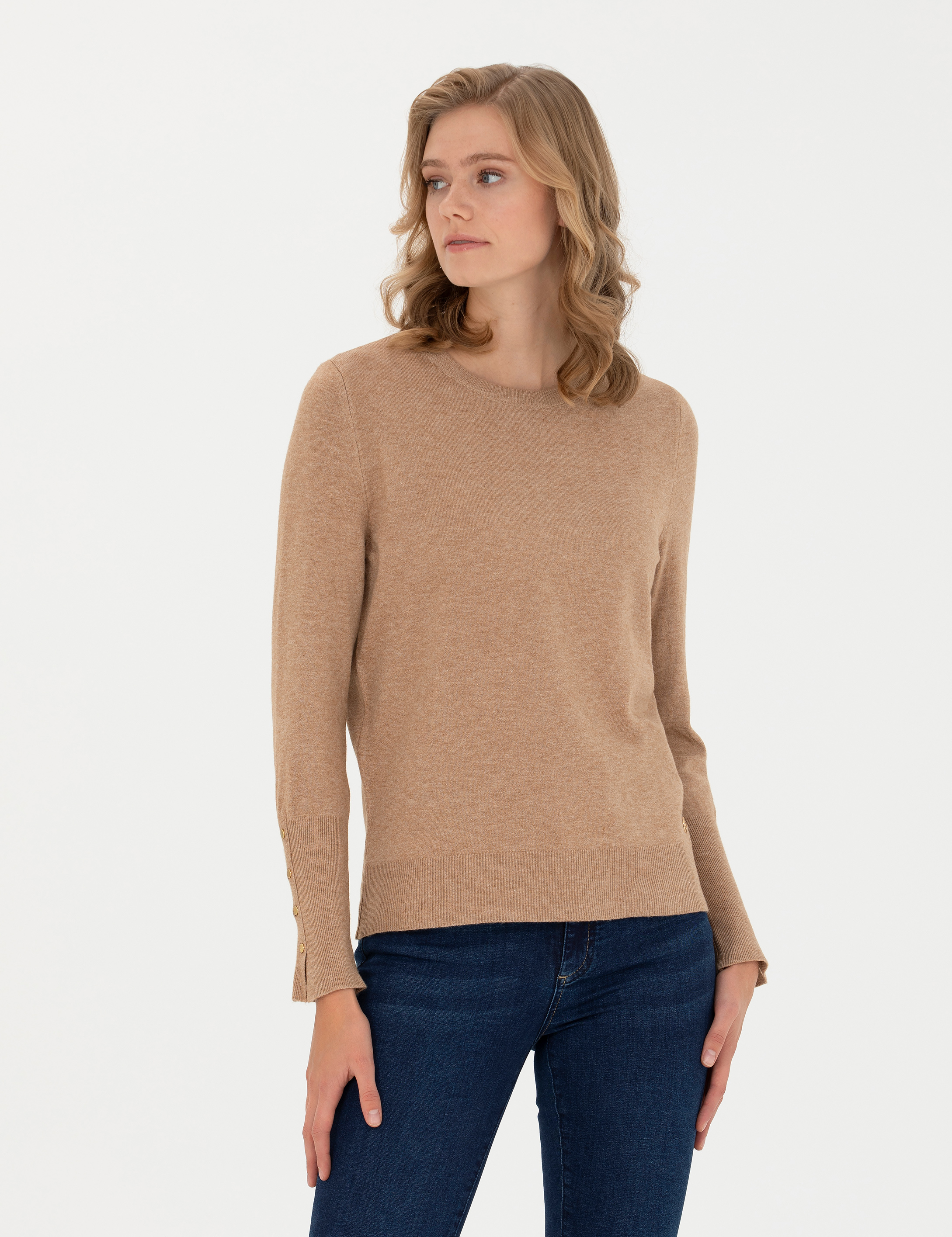 Bej Slim Fit Bisiklet Yaka Kazak