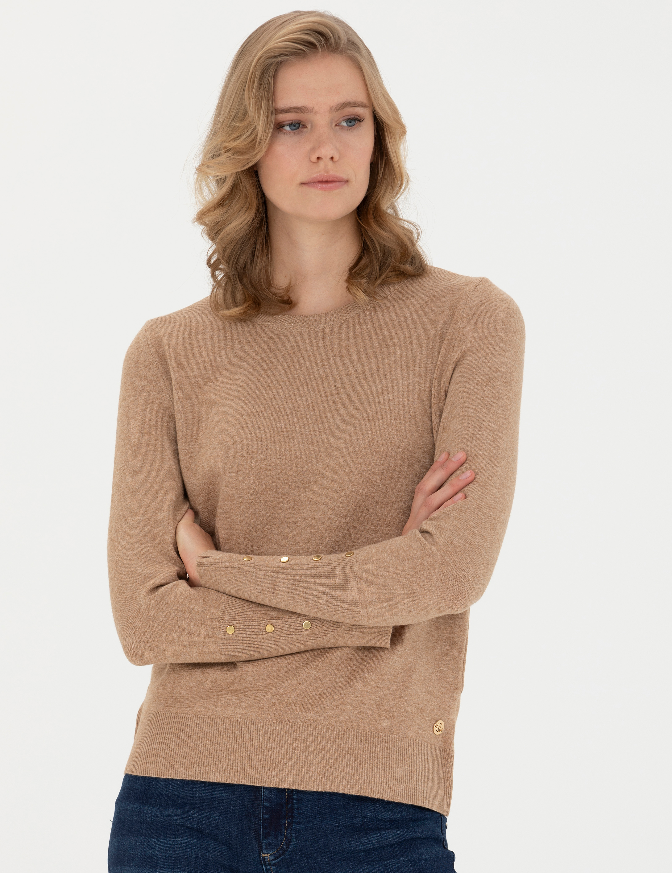 Bej Slim Fit Bisiklet Yaka Kazak