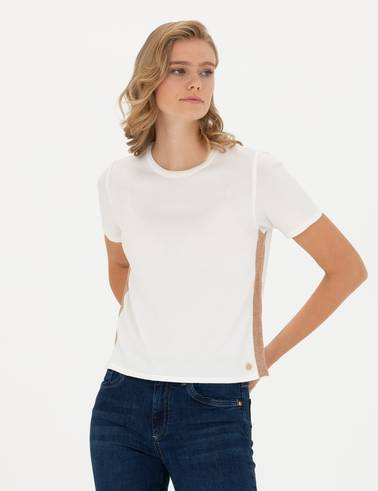 Ekru Slim Fit Bisiklet Yaka Triko Tişört