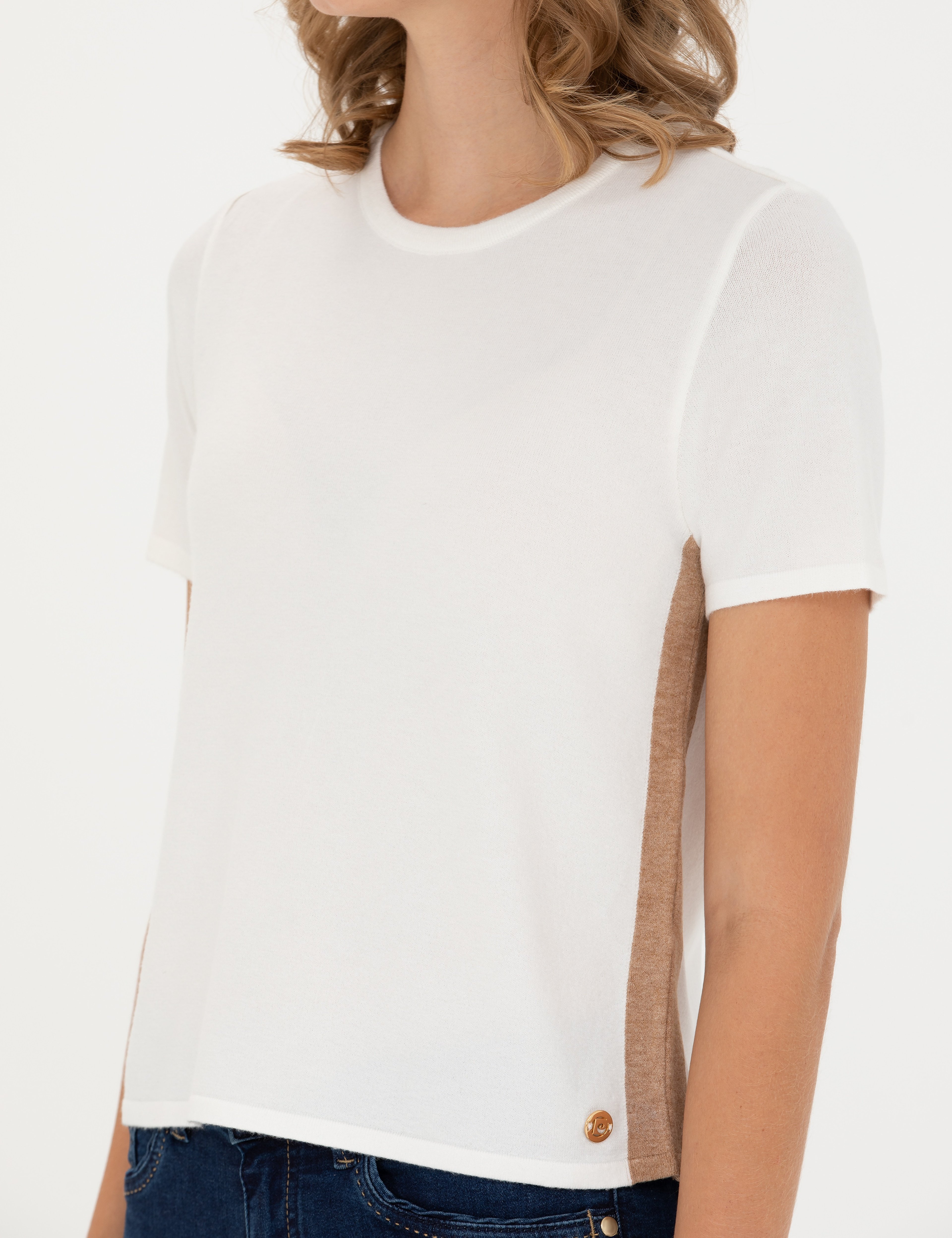 Ekru Slim Fit Bisiklet Yaka Triko Tişört - Image 6
