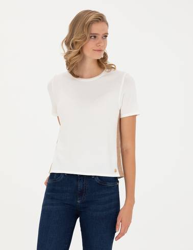 Ekru Slim Fit Bisiklet Yaka Triko Tişört