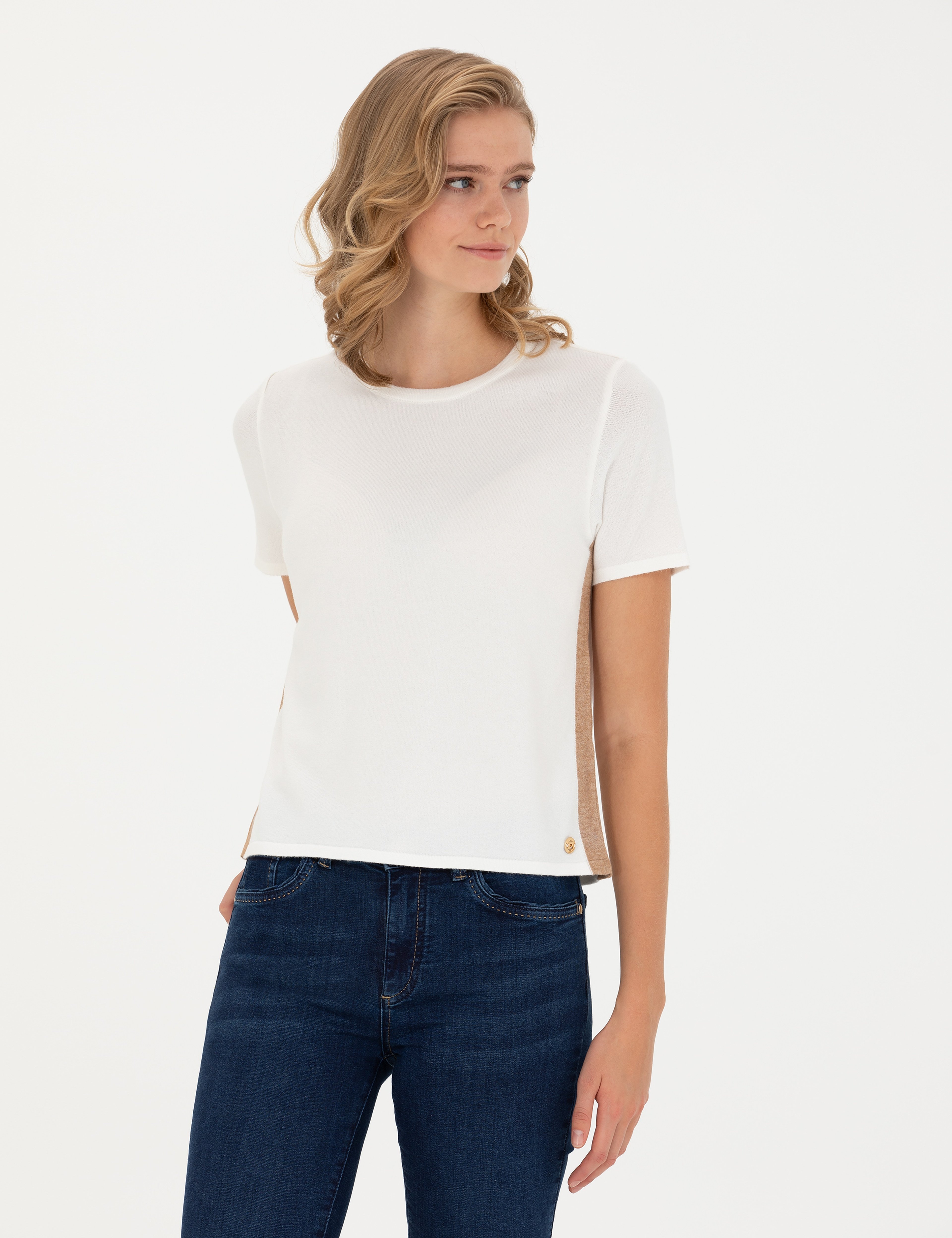 Ekru Slim Fit Bisiklet Yaka Triko Tişört - Image 3