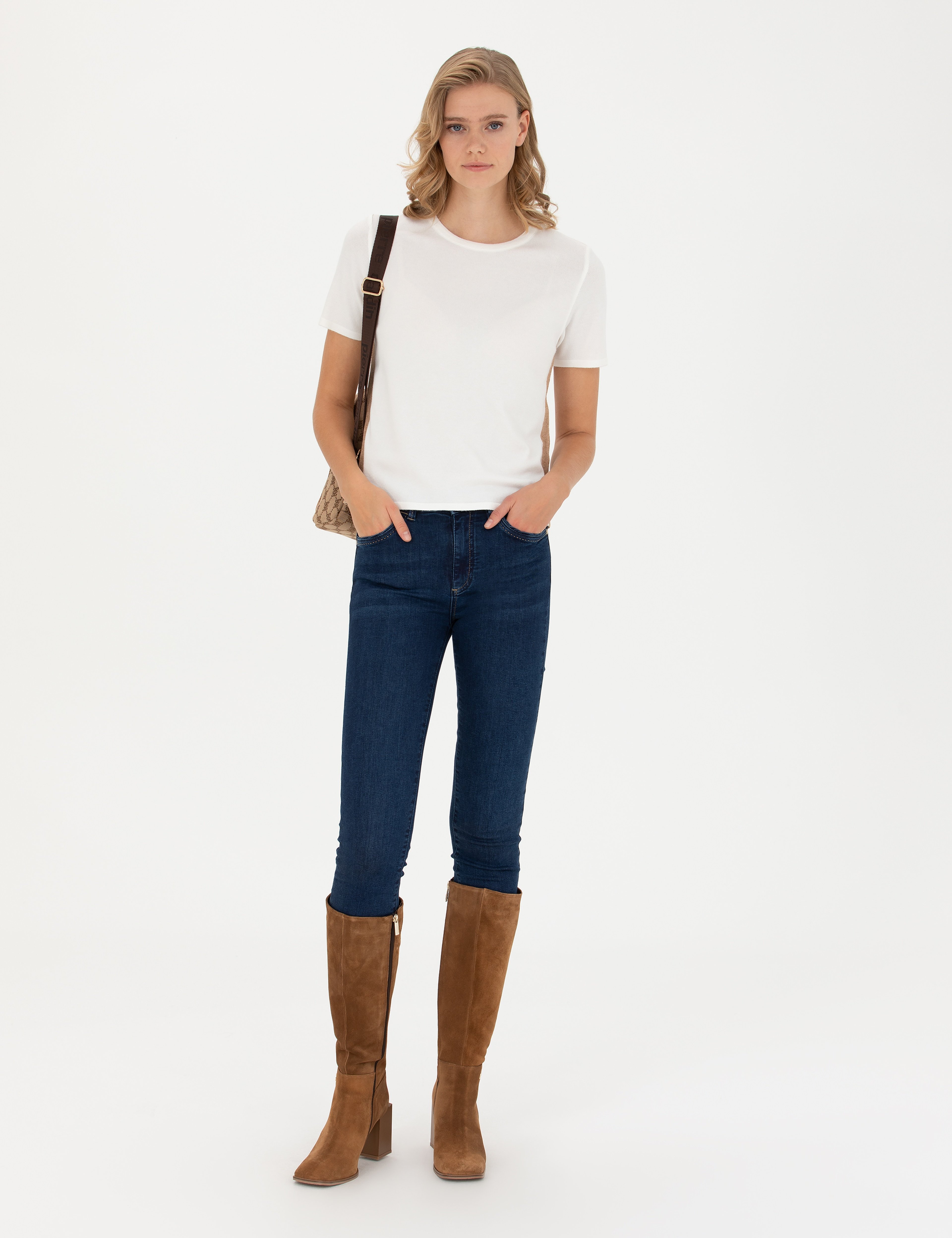 Ekru Slim Fit Bisiklet Yaka Triko Tişört - Image 4