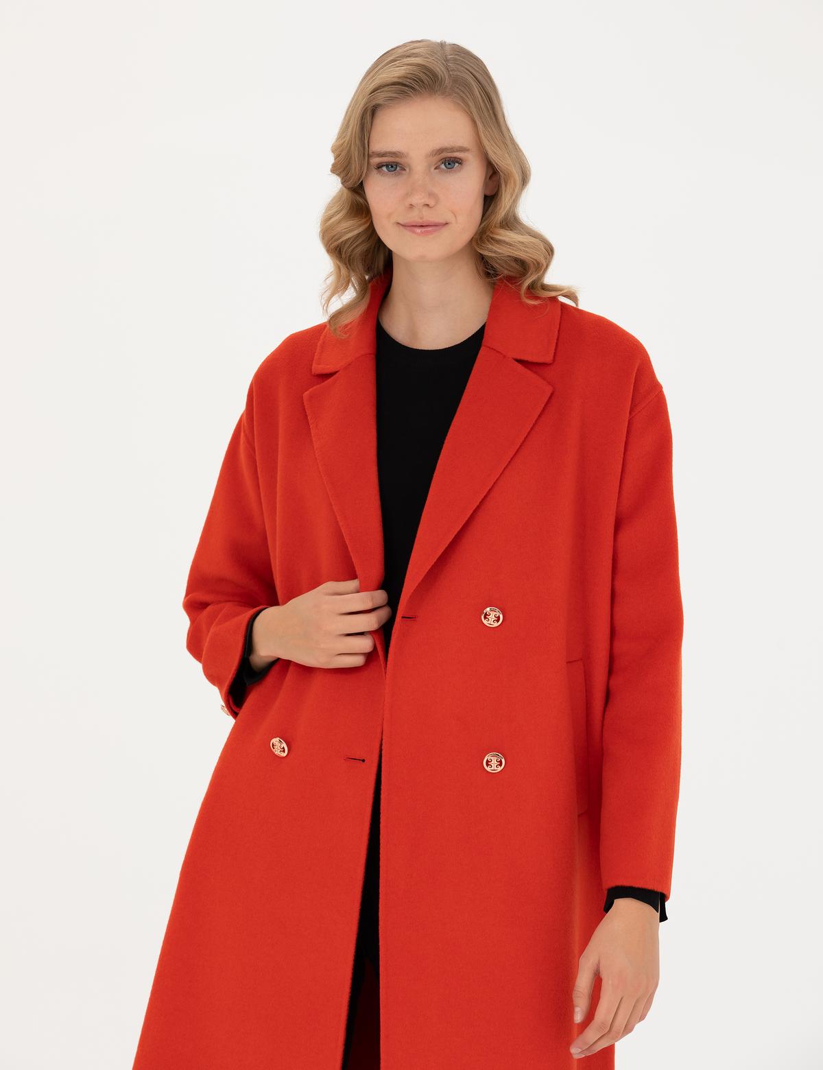 Kırmızı Comfort Fit Kaşe Kaban - 50272236027