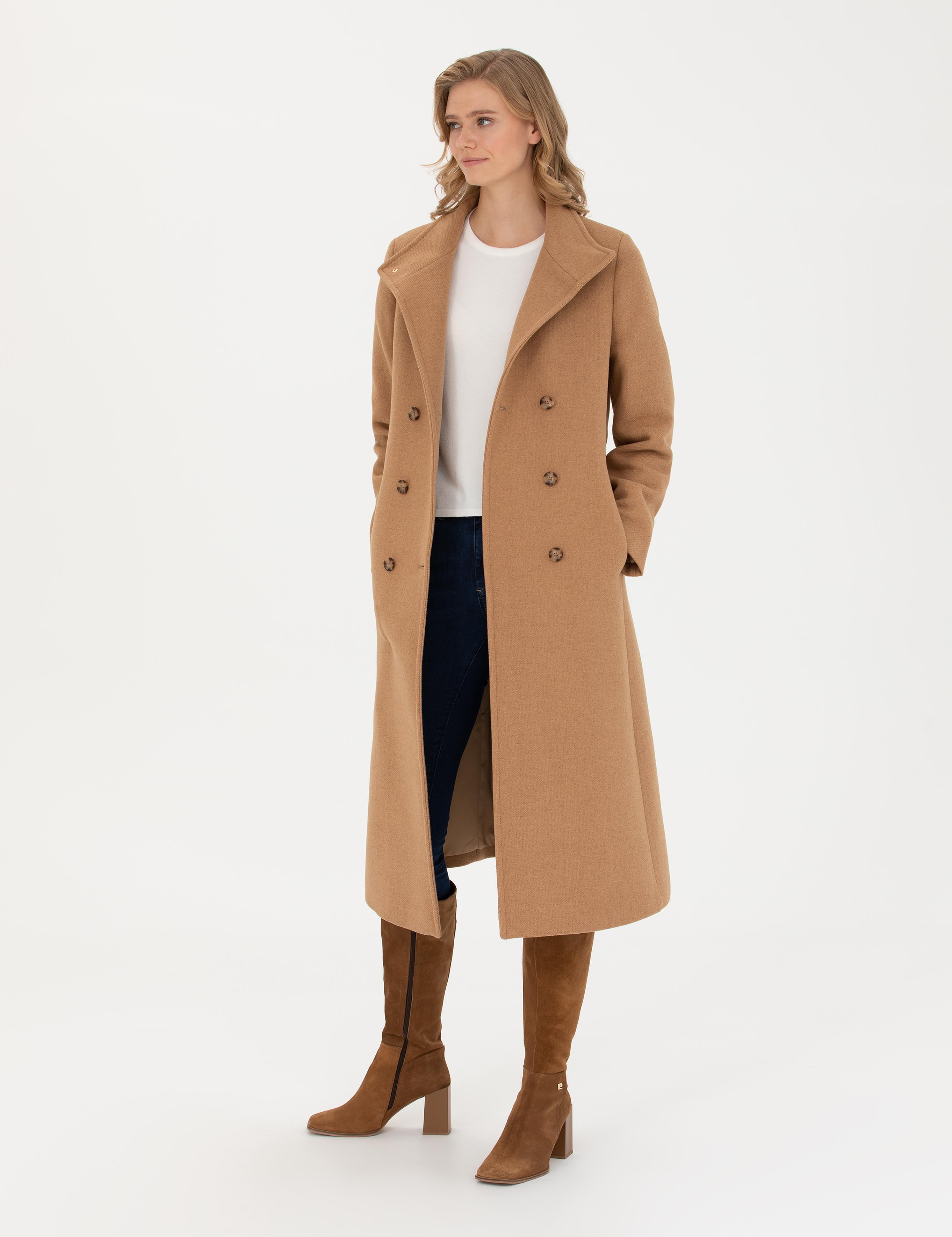 Bej Slim Fit Kaşe Kaban