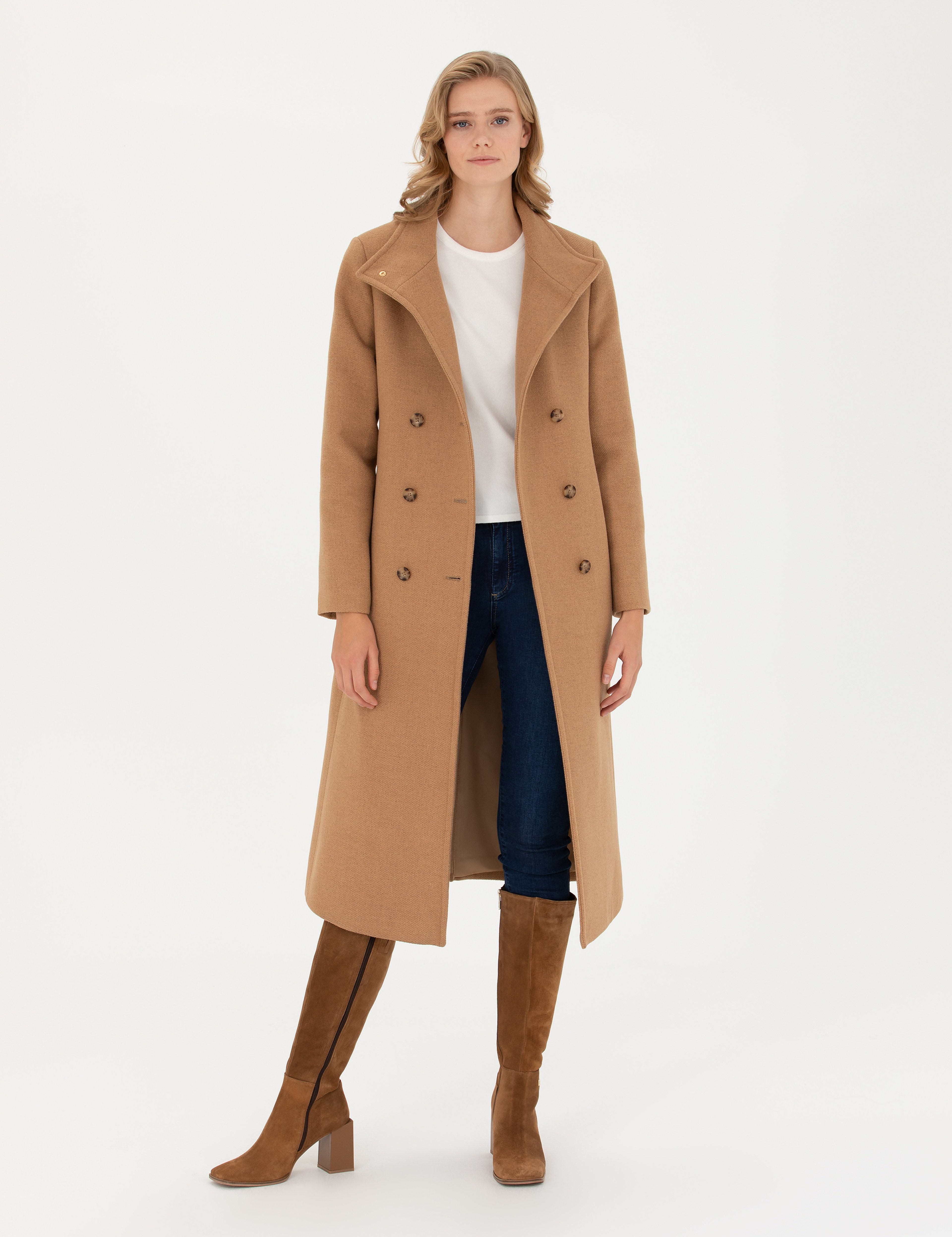 Bej Slim Fit Kaşe Kaban - Image 1