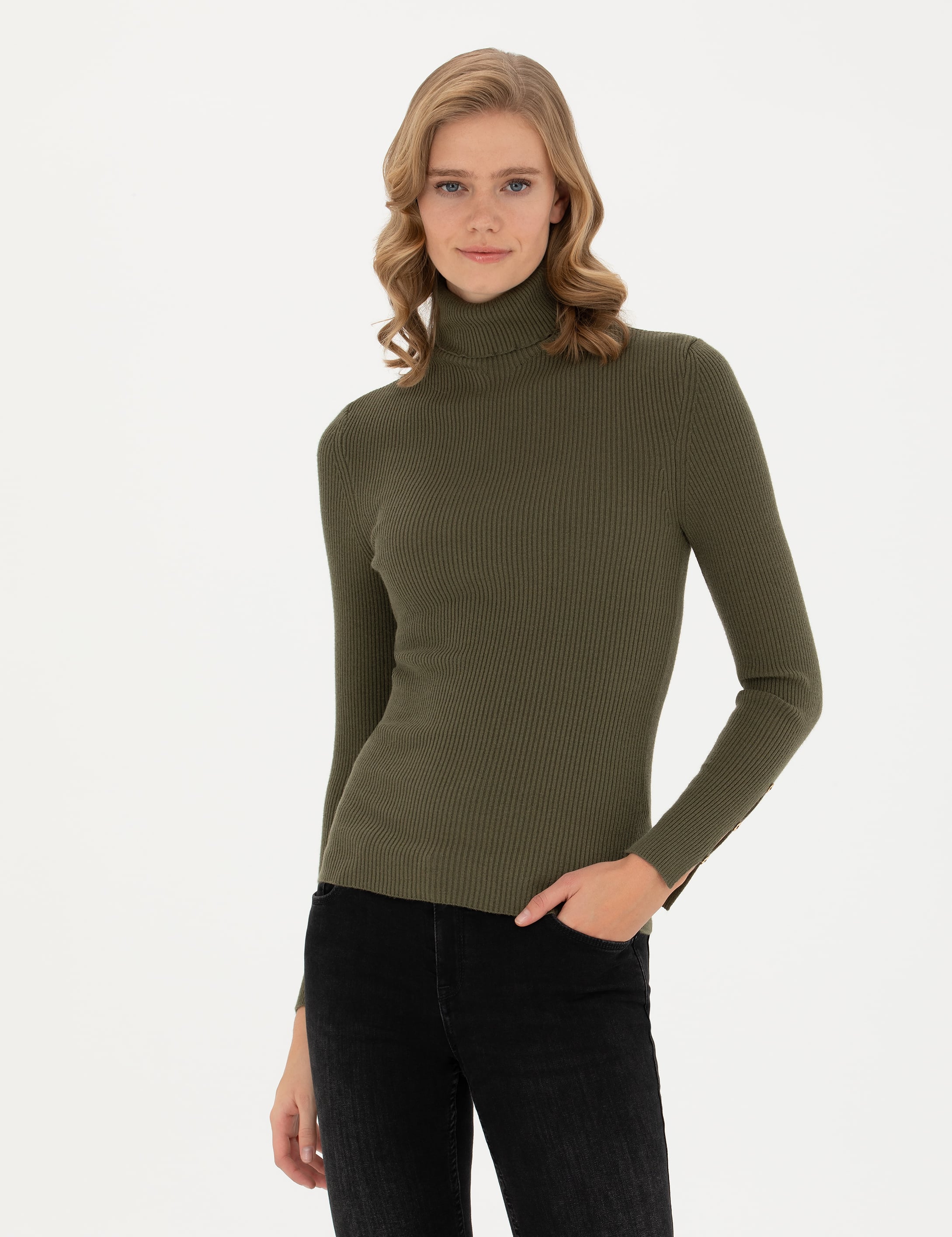 Haki Ekstra Slim Fit Balıkçı Yaka Triko Kazak