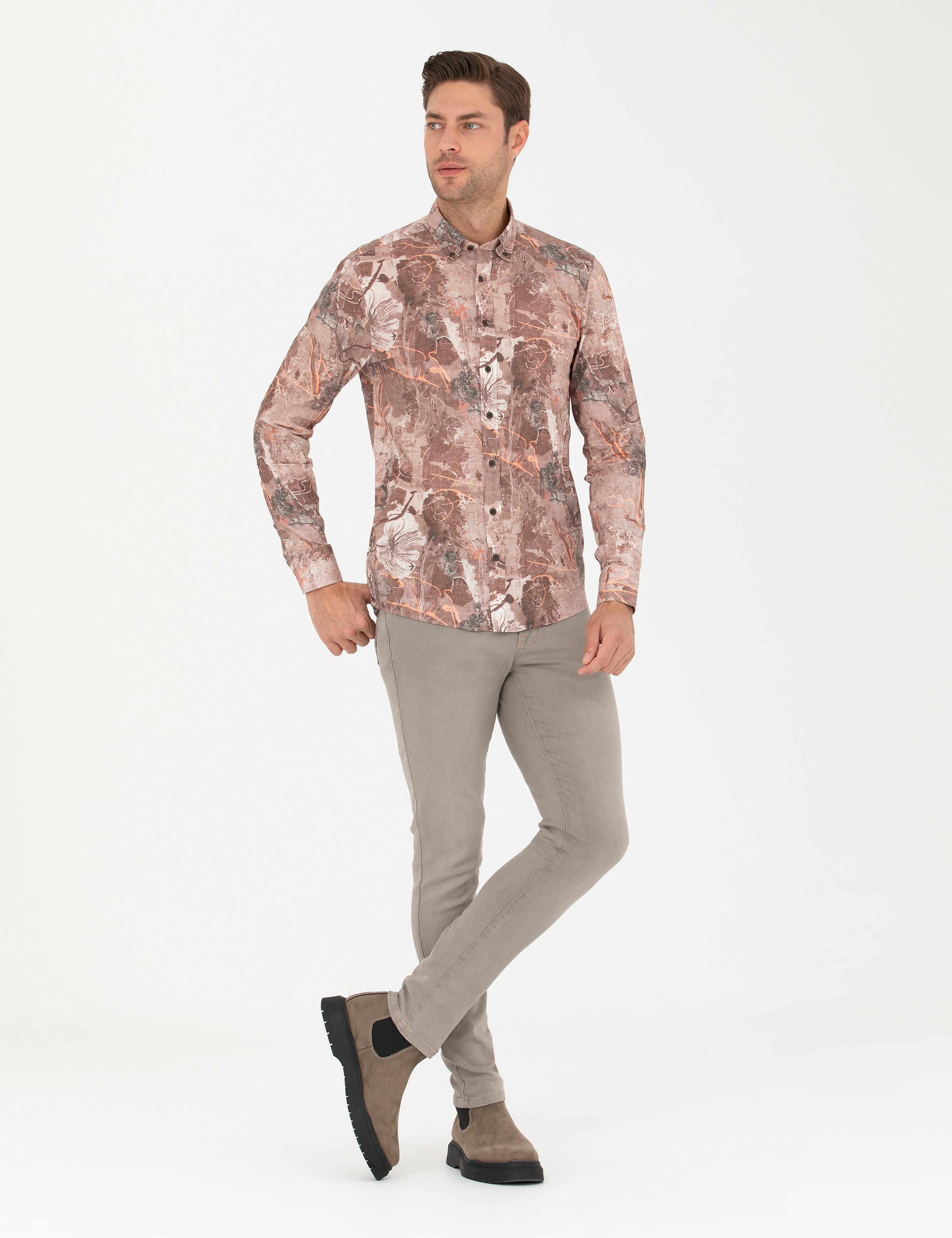 Açık Kahverengi Slim Fit Uzun Kollu Gömlek