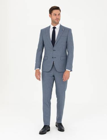 Koyu Mavi Ex. Slim Fit Çizgili Takım Elbise