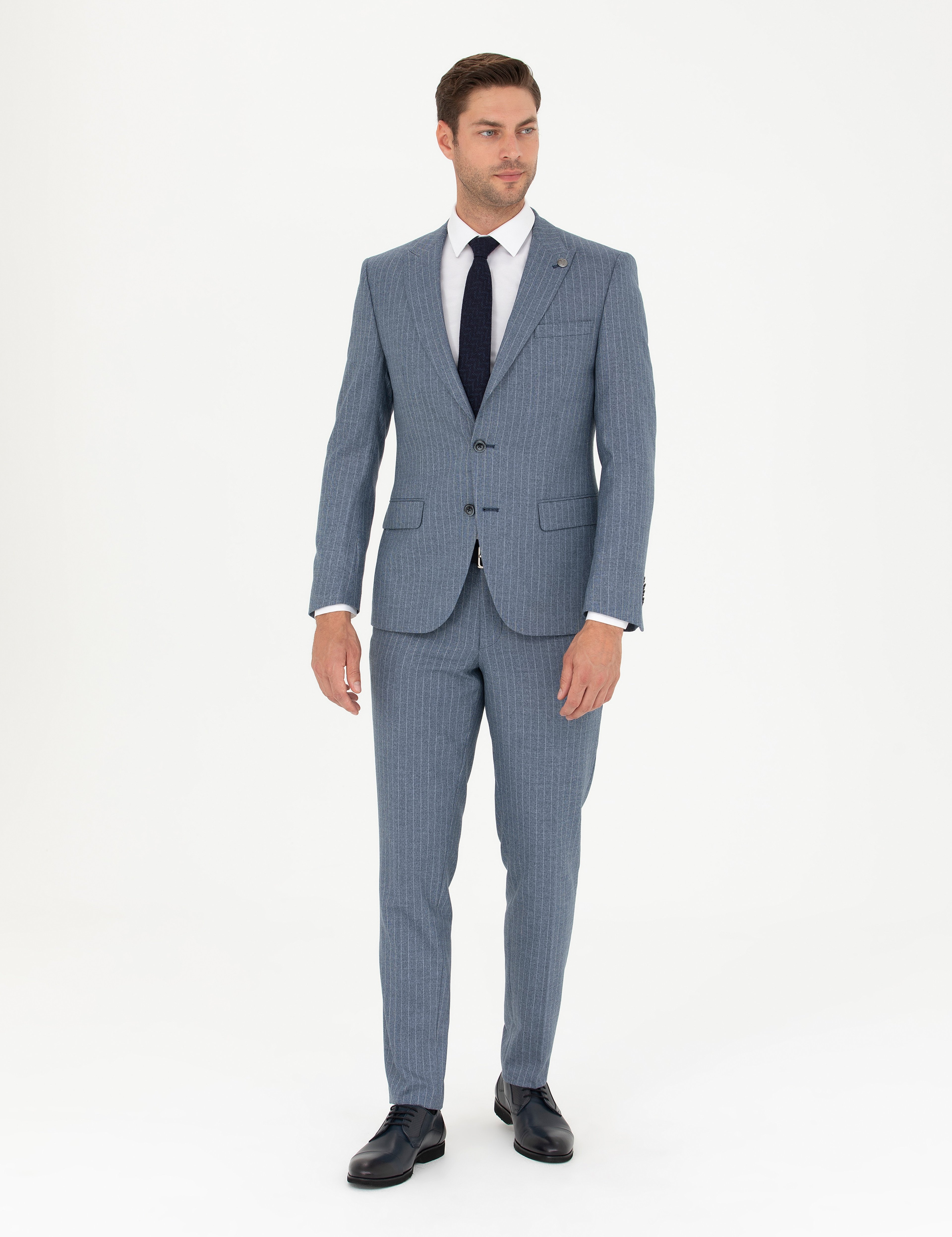 Koyu Mavi Ex. Slim Fit Çizgili Takım Elbise - Image 3