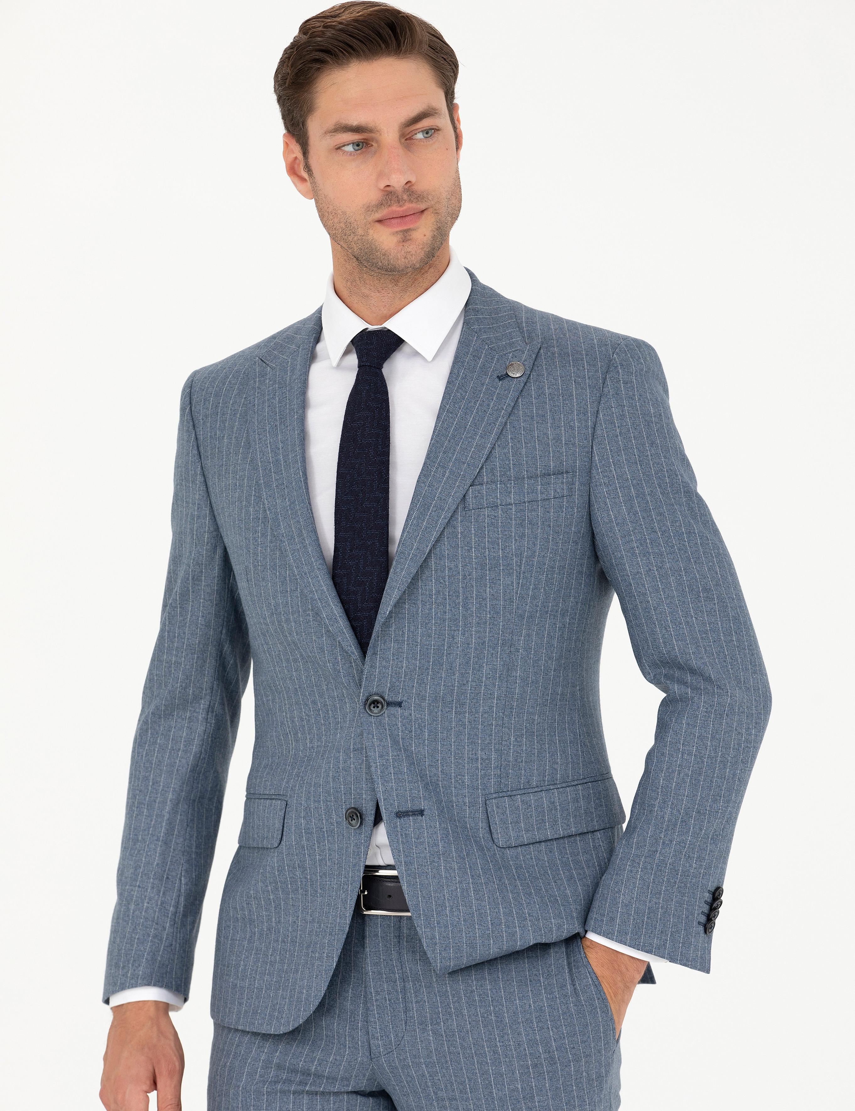 Koyu Mavi Ex. Slim Fit Çizgili Takım Elbise