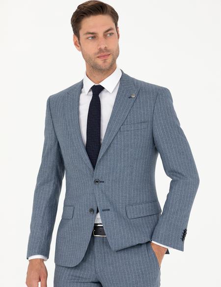 Koyu Mavi Ex. Slim Fit Çizgili Takım Elbise - 50274388044