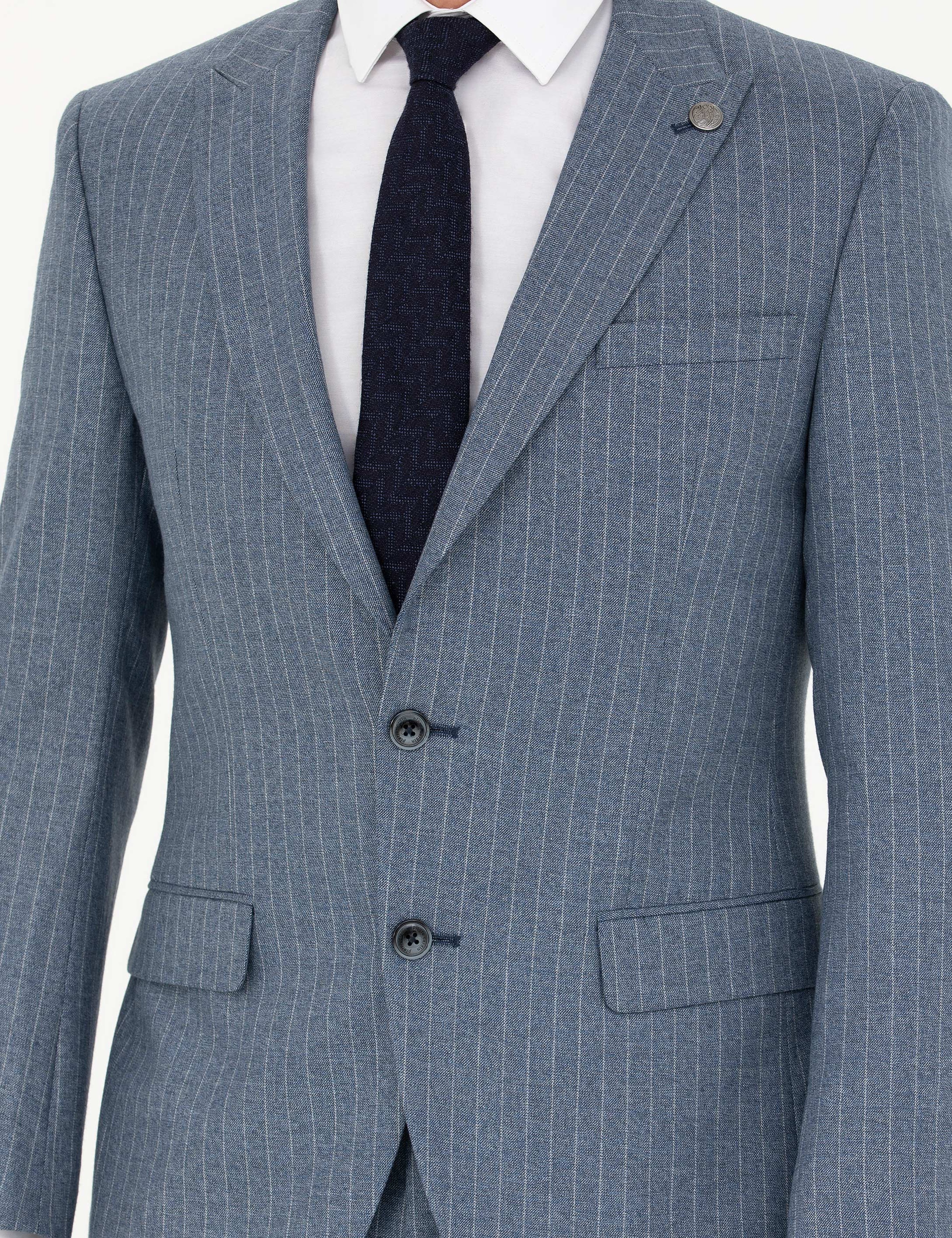 Koyu Mavi Ex. Slim Fit Çizgili Takım Elbise