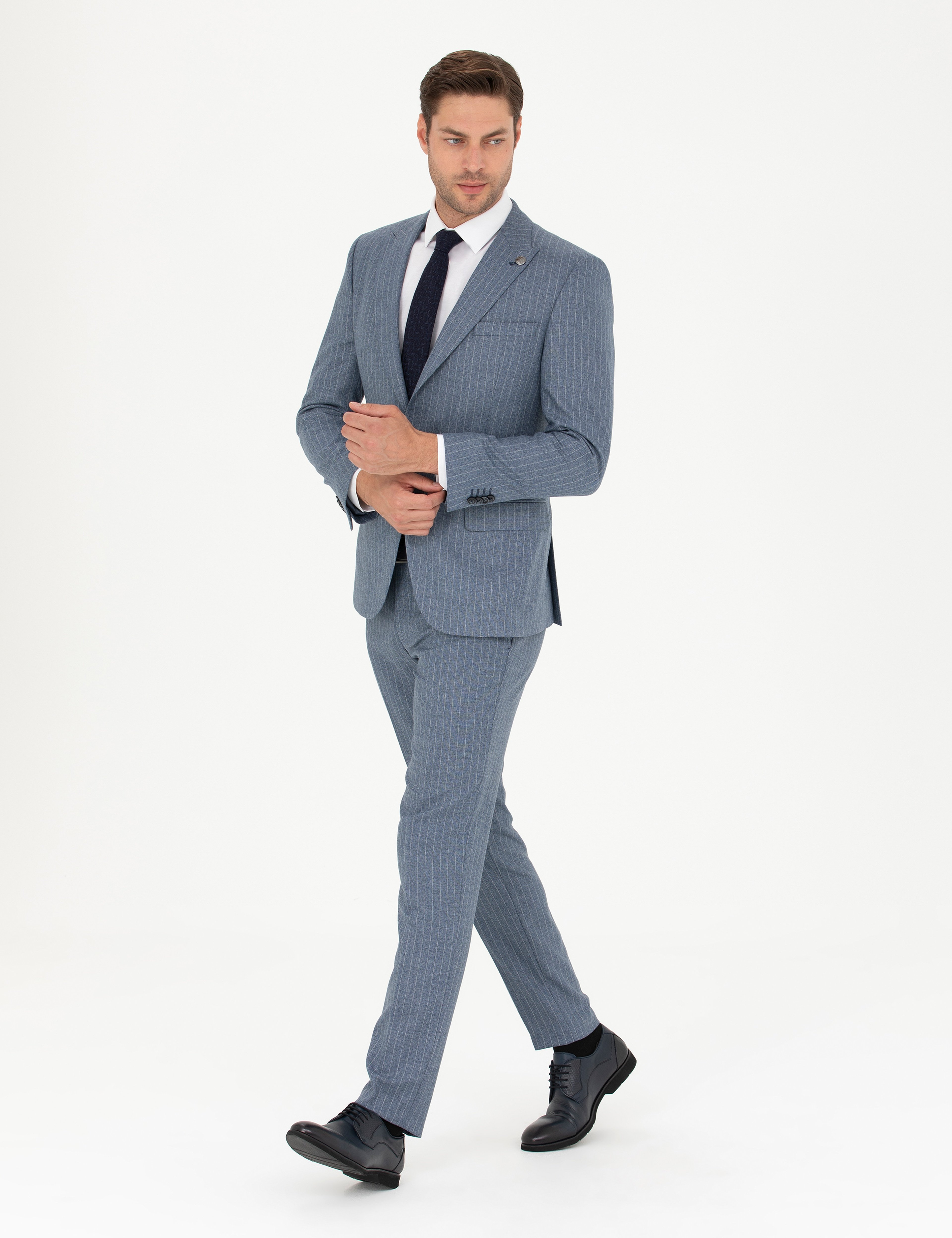 Koyu Mavi Ex. Slim Fit Çizgili Takım Elbise