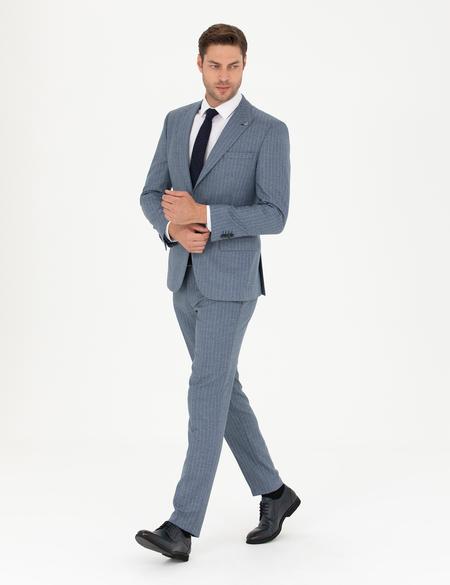 Koyu Mavi Ex. Slim Fit Çizgili Takım Elbise - 50274388044