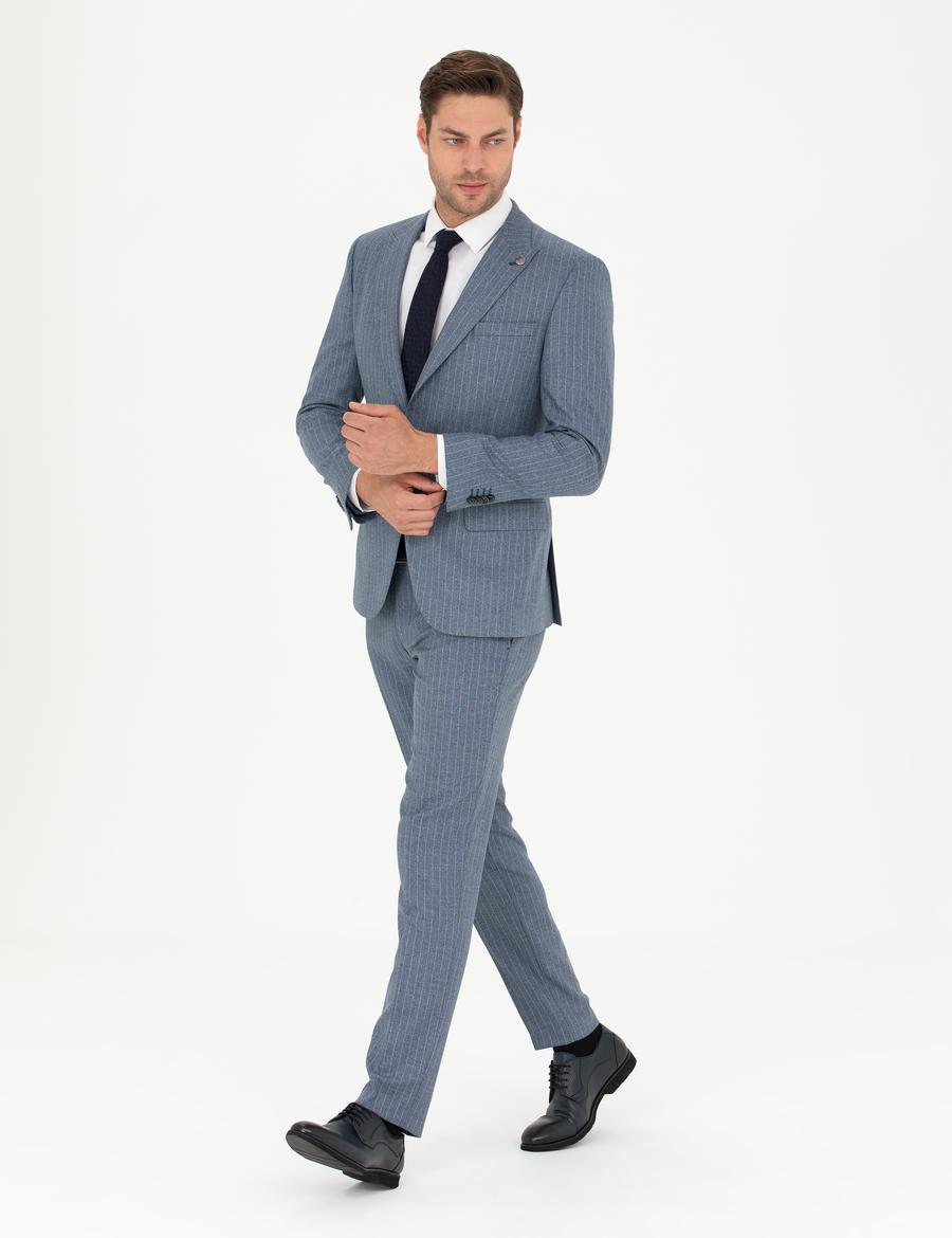 Koyu Mavi Ex. Slim Fit Çizgili Takım Elbise