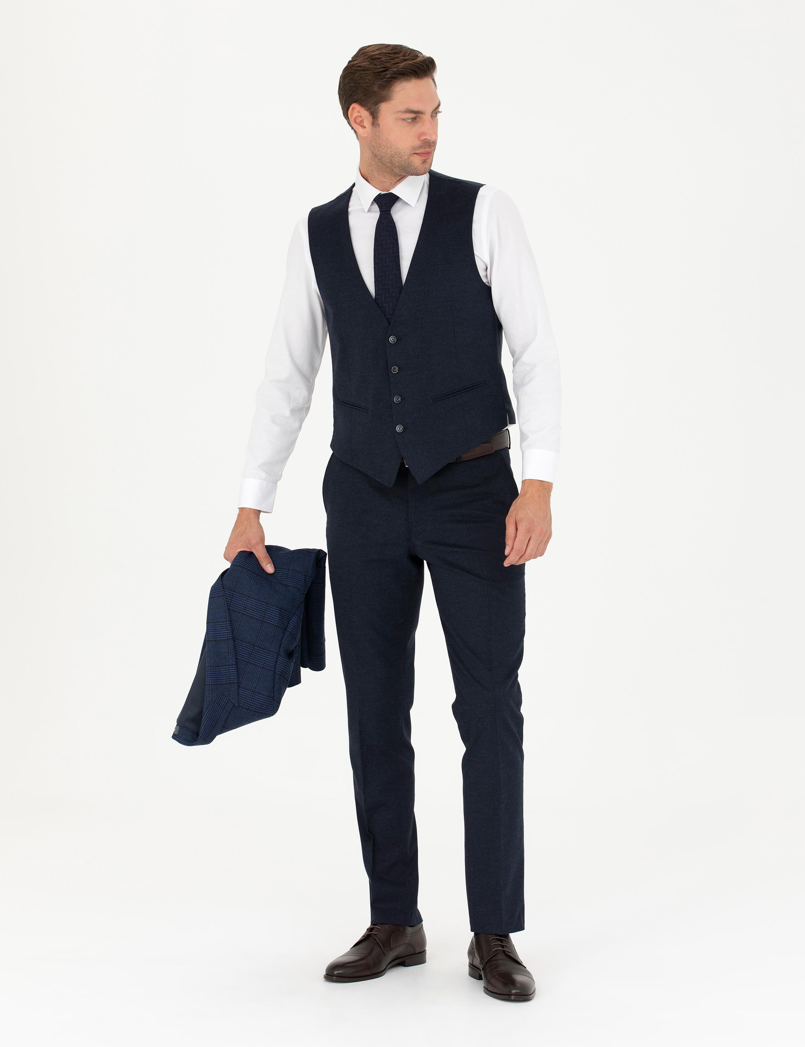 Lacivert Yelekli Ekose Takım Elbise