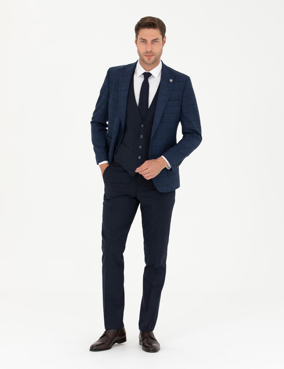 Lacivert Yelekli Ekose Takım Elbise