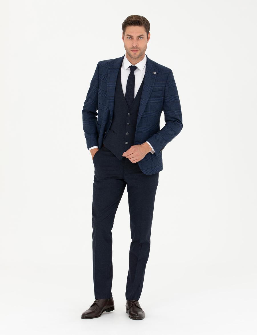 Lacivert Yelekli Ekose Takım Elbise