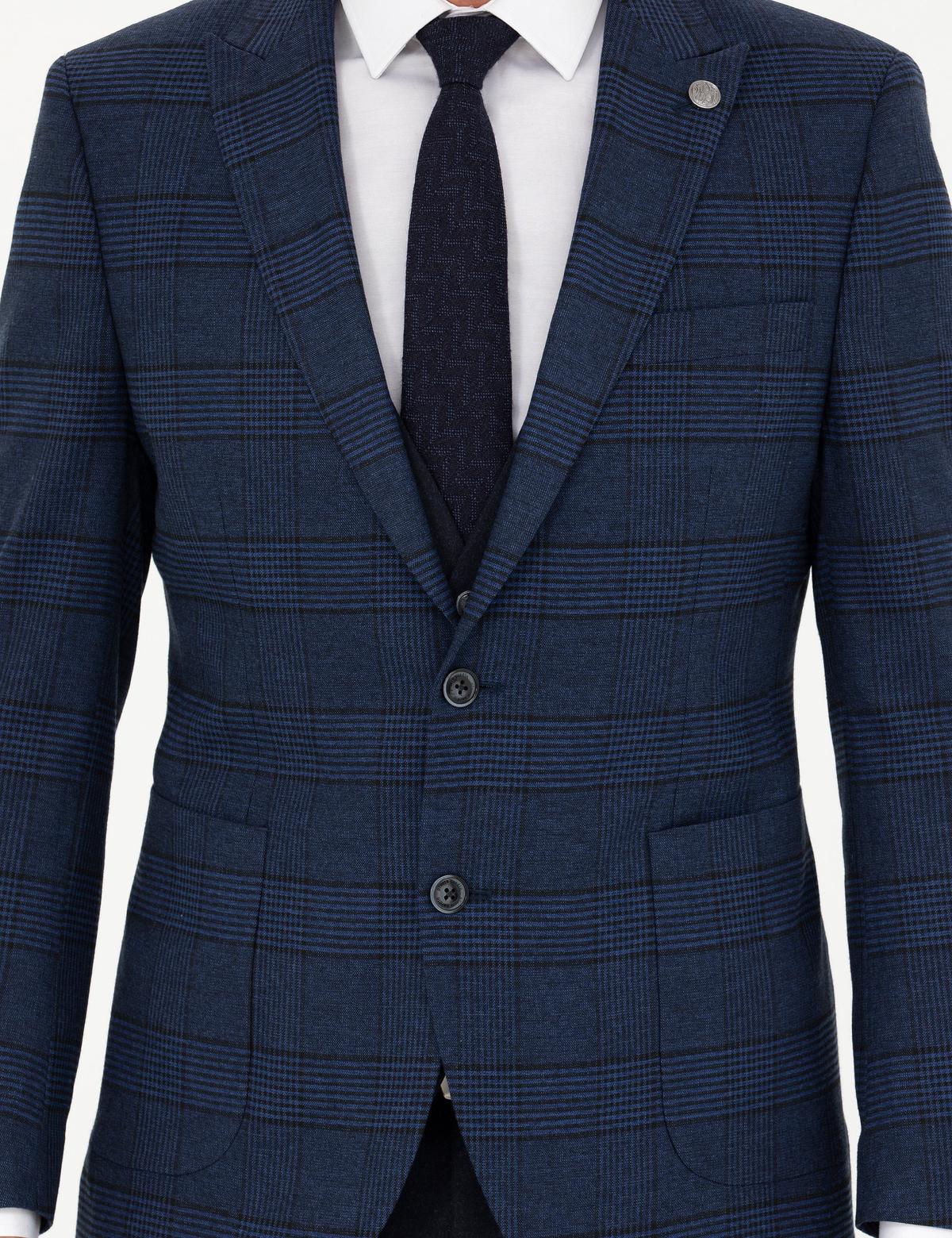 Lacivert Yelekli Ekose Takım Elbise - 50281897008