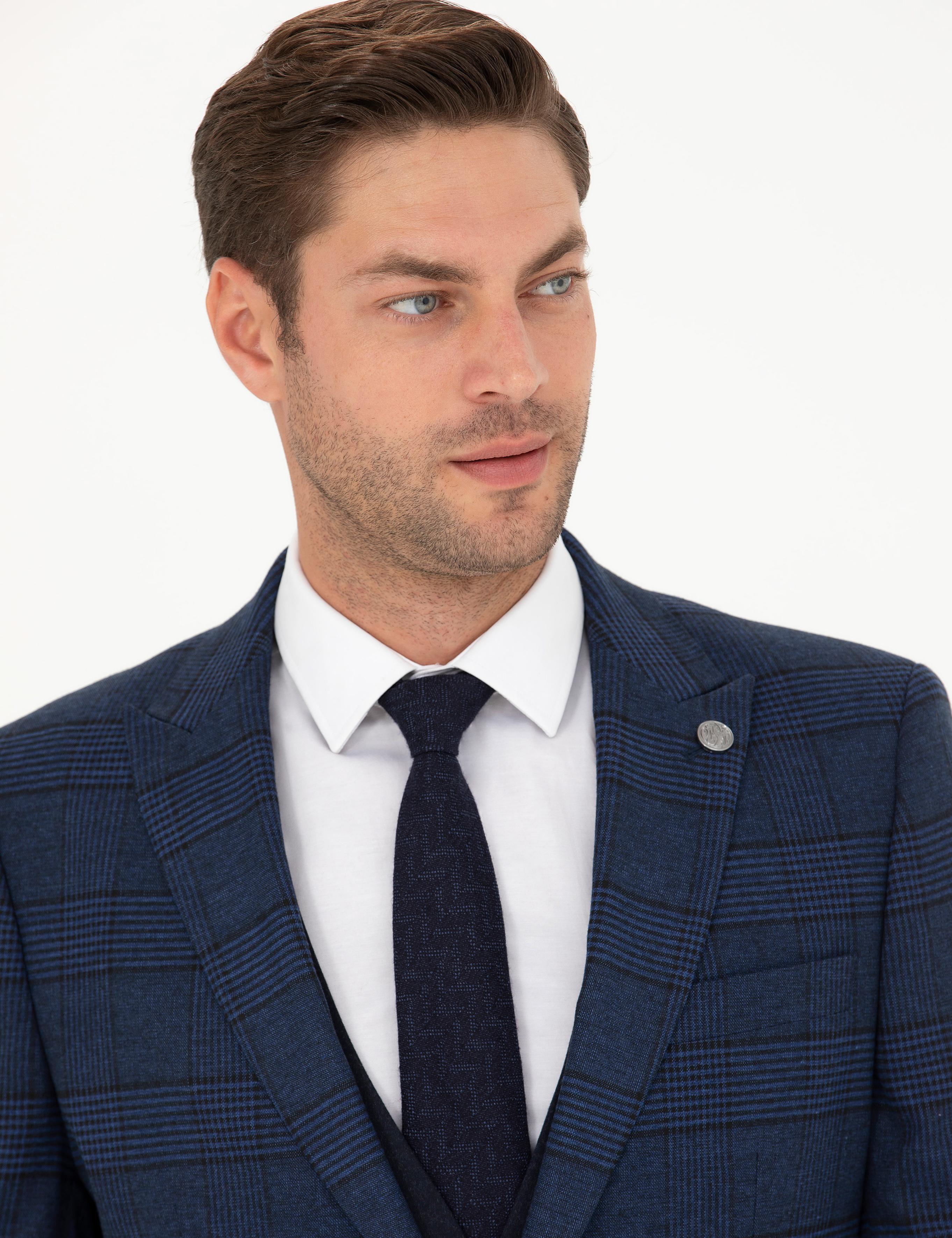 Lacivert Yelekli Ekose Takım Elbise