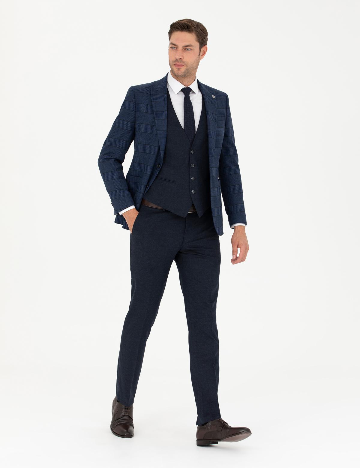 Lacivert Yelekli Ekose Takım Elbise - 50281897008