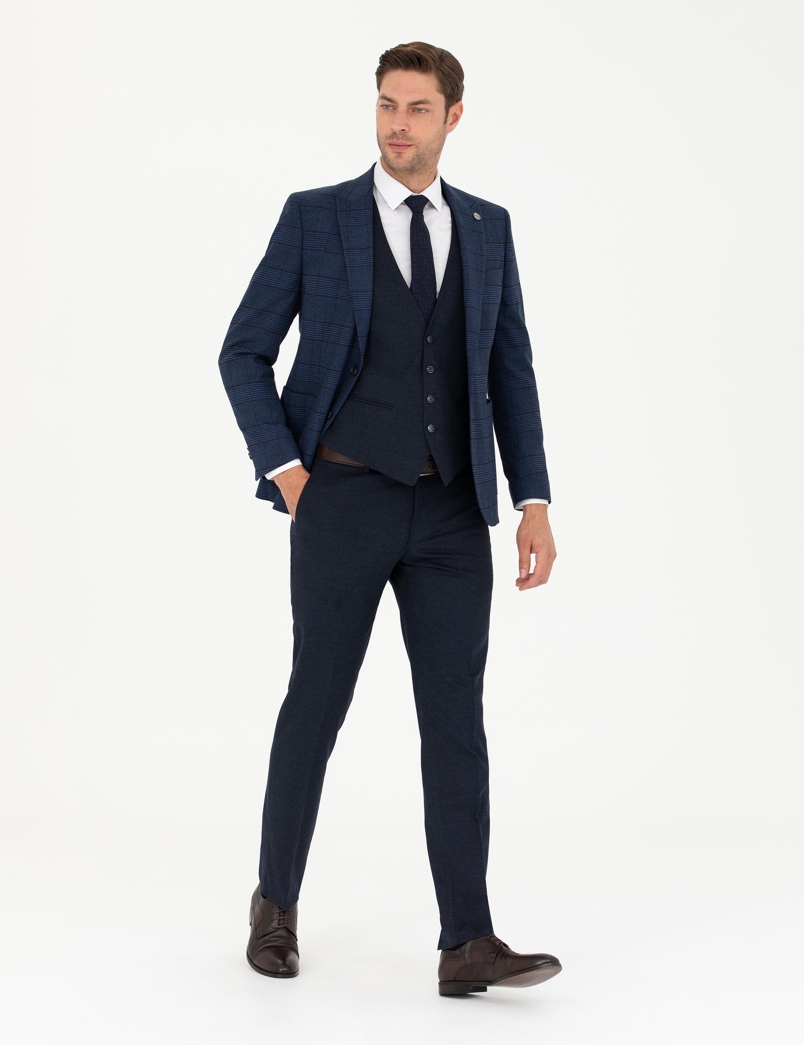 Lacivert Yelekli Ekose Takım Elbise