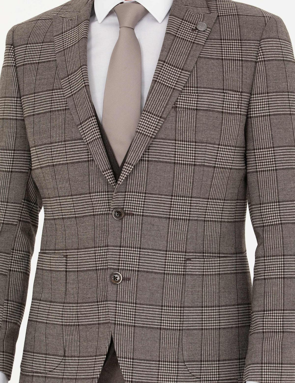 Açık Kahverengi Yelekli Ekose Takım Elbise - 50281897041