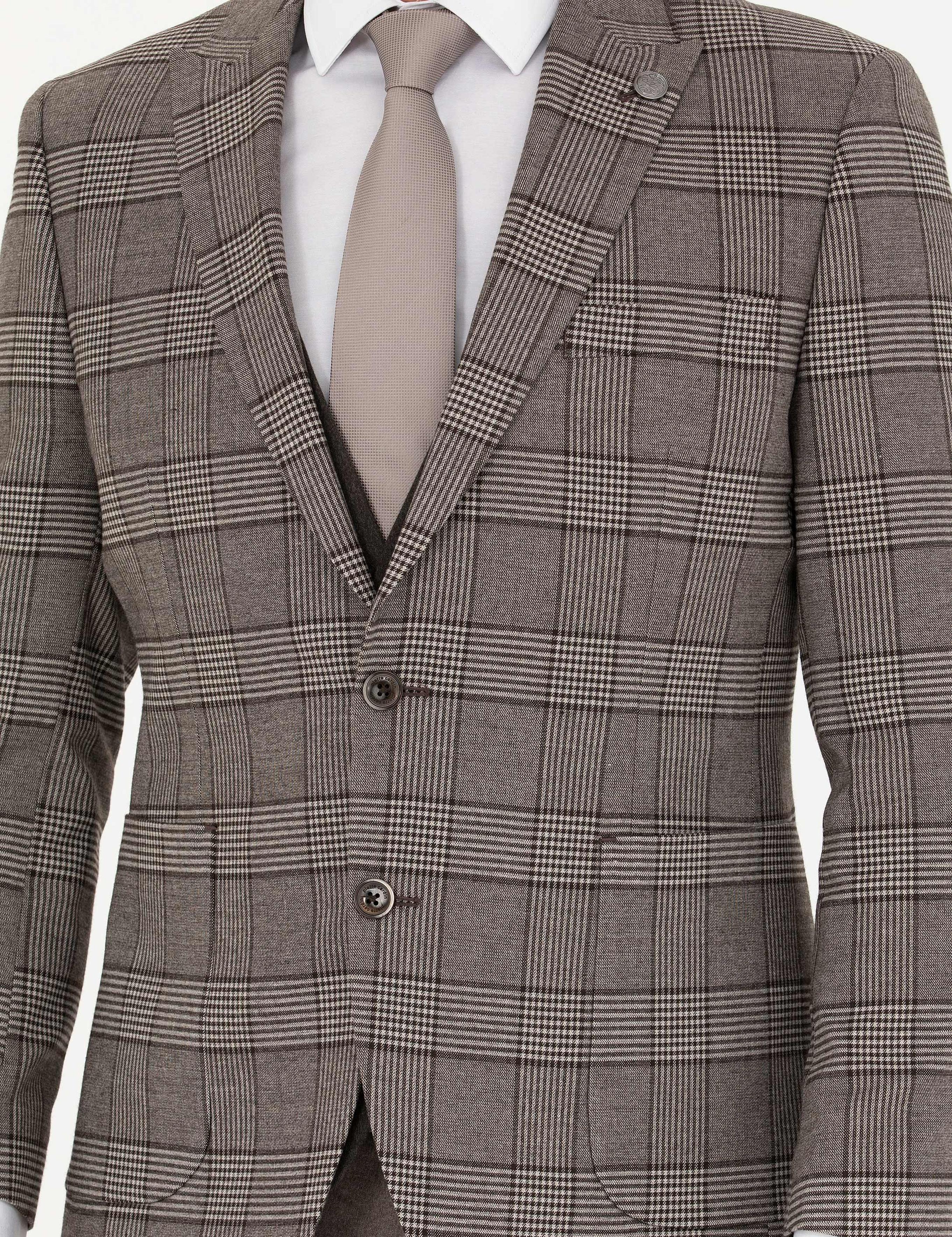 Açık Kahverengi Yelekli Ekose Takım Elbise