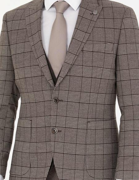 Açık Kahverengi Yelekli Ekose Takım Elbise - 50281897041